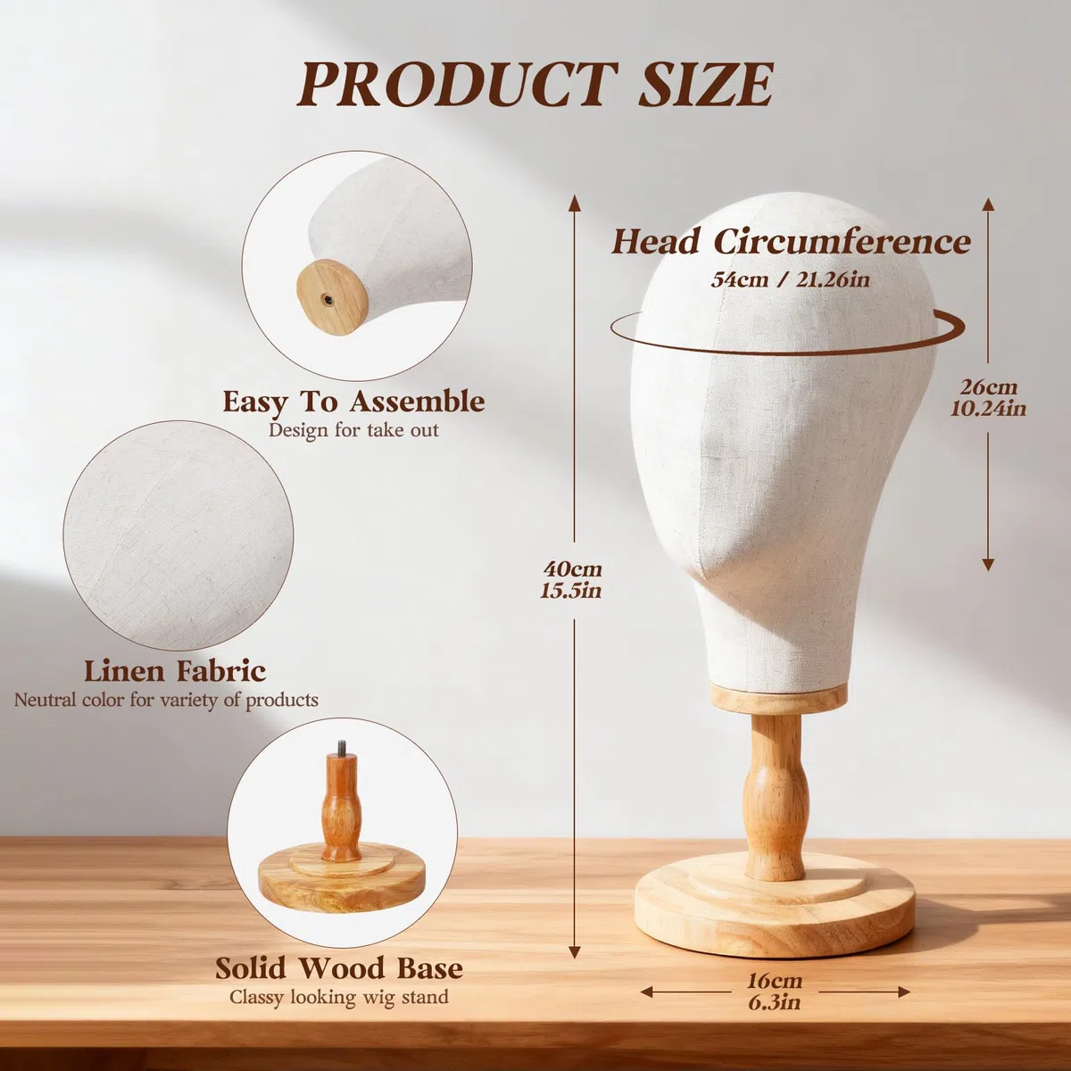 Standfester Perückenständer 54cm, Perückenkopf für Präsentation von Mützen und Hüten, Stabiler Puppenkopf für Salon