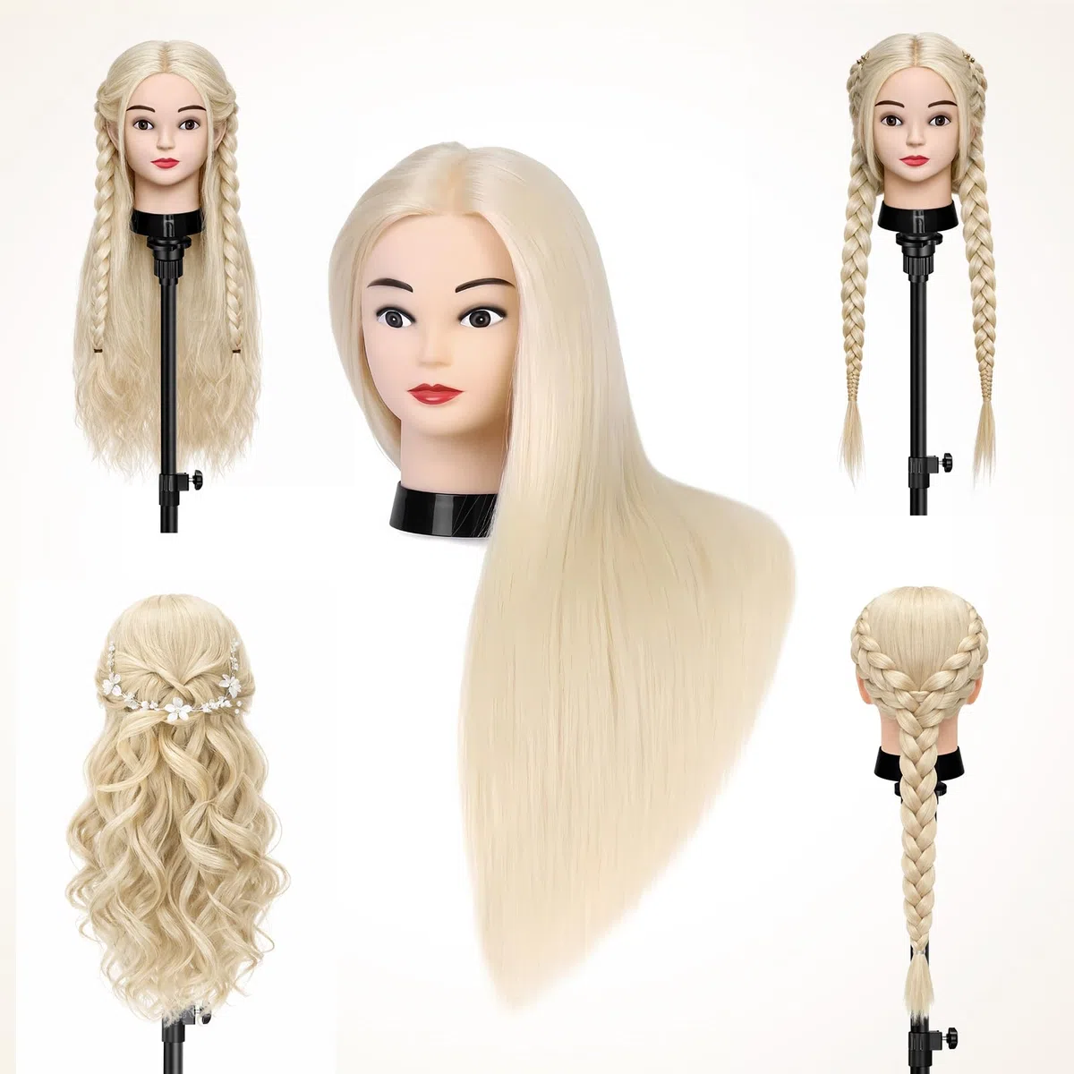 TwoWin Trainingsköpfe 80% Echtes Haar Blond Friseur Training Modell Mannequin Kopf mit Halterung Styling Glätten Locken Dauerwelle