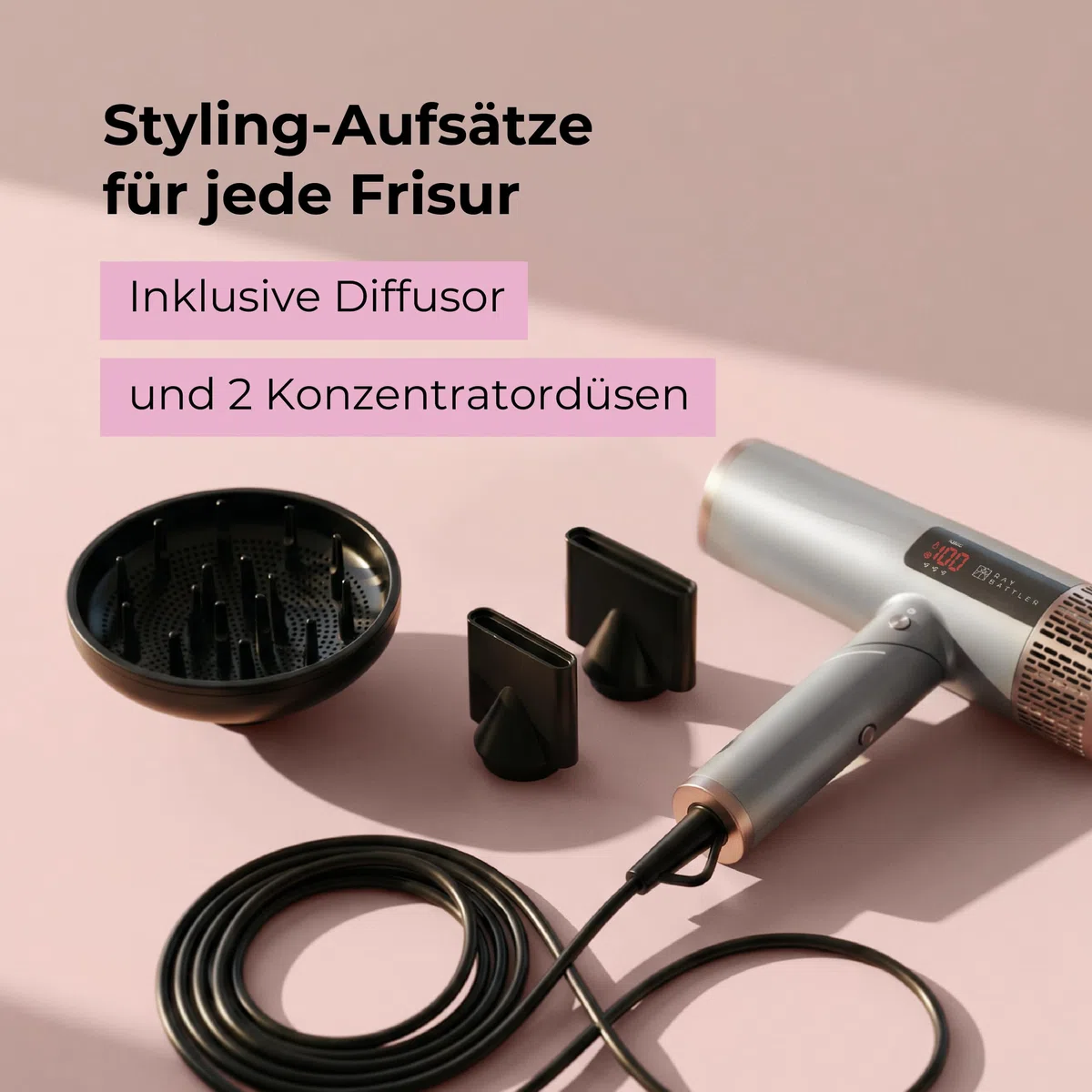 Föhn mit Diffusor, 1800 W Ionen-Haartrockner mit BLDC-Motor, klappbarer High-Speed-Fön, 110.000 U/min, LED-Display, 4 Temperaturstufen, 3 Luftstufen, Kaltluft, 2 Stylingdüsen