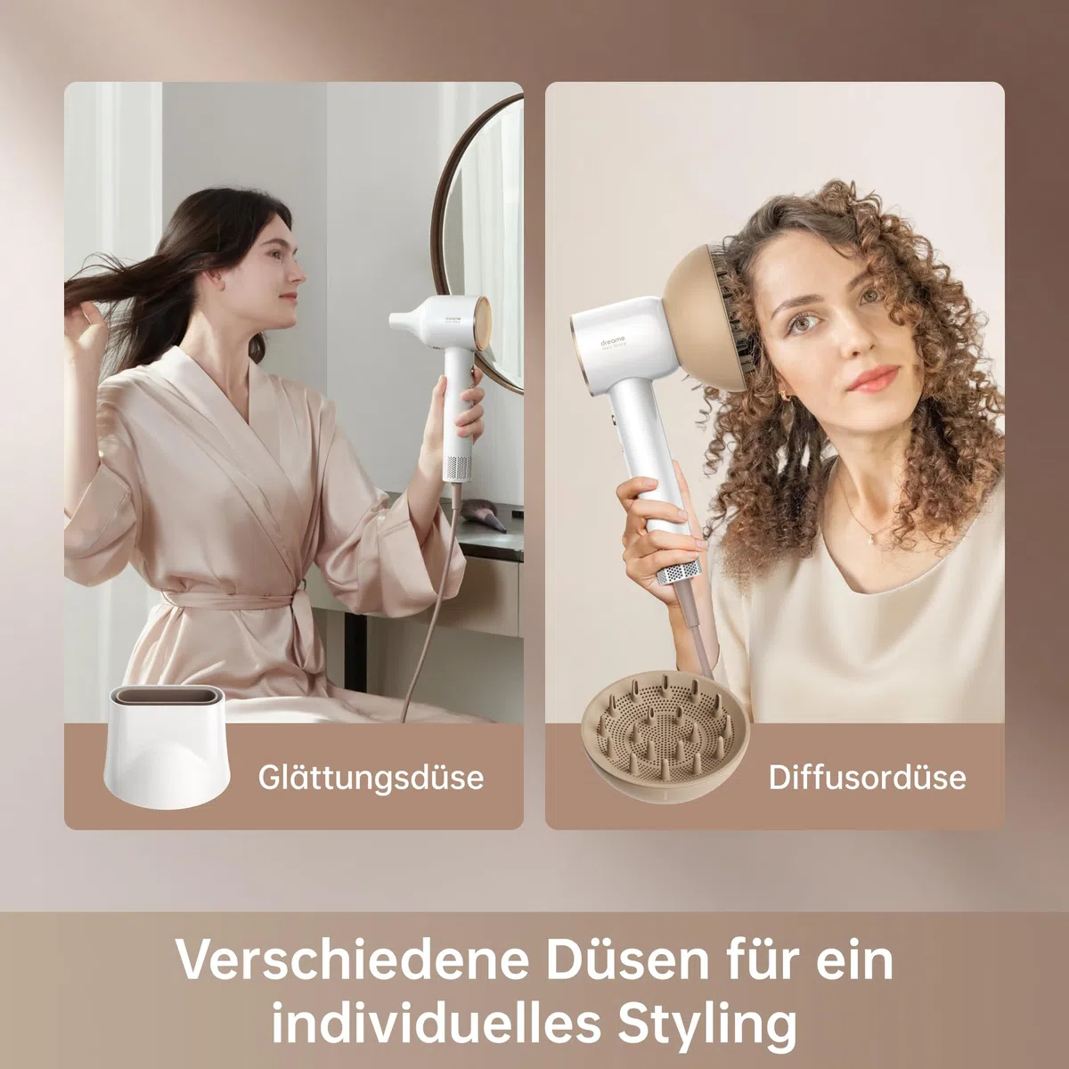 DREAME Hair Glory Combo Haartrockner,Trocknet schnell,110.000 Umdrehungen pro Minute,Luftstrom70m/s,Negativ-Ionen-Technologie,Temperatur-und Luftgeschwindigkeitsregelung,Düse Diffusor,Geräuscharm,Weiß