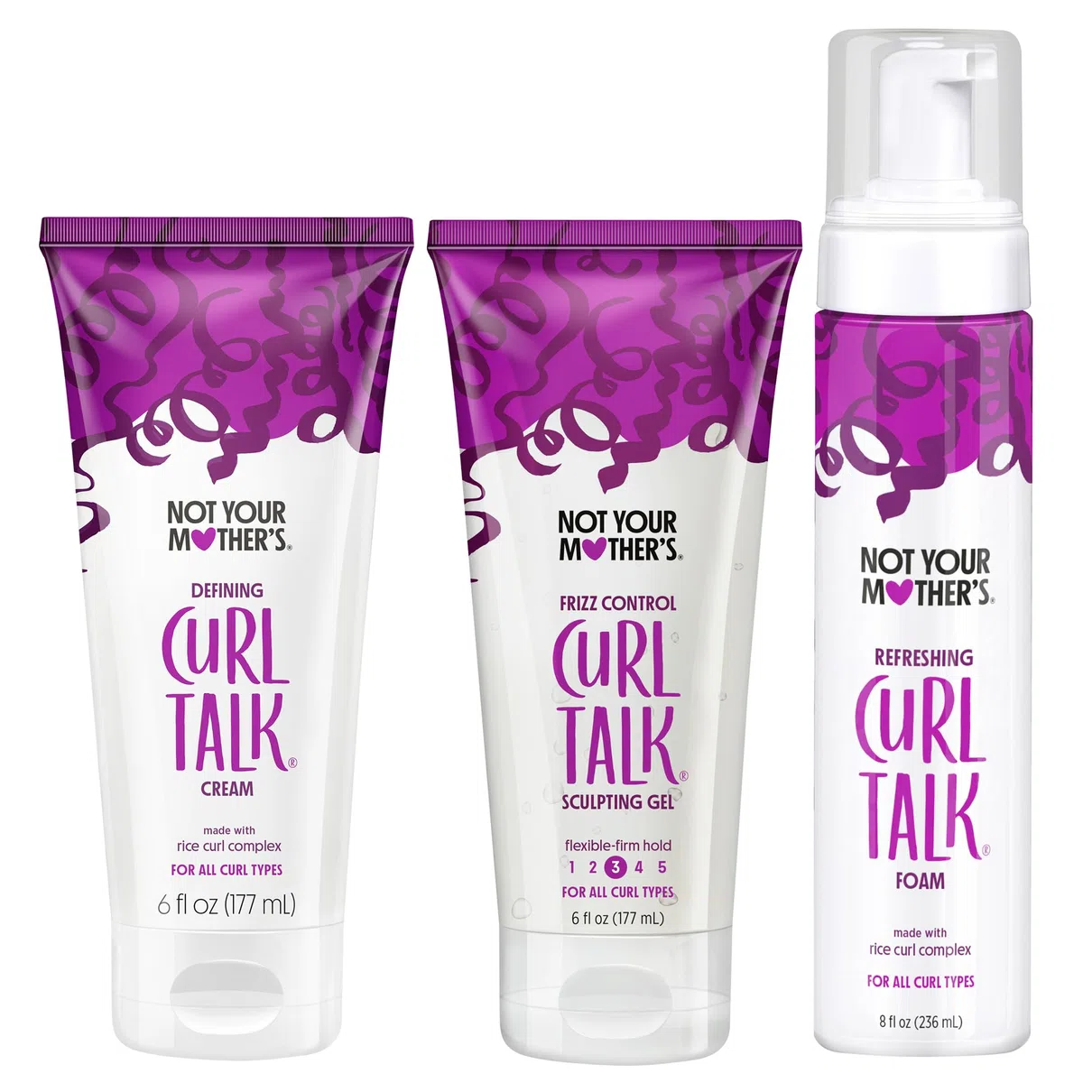 Not Your Mother's Curl Talk Frizz Control Sculpting Gel, Defining Cream und Refreshing Curl Foam (3er-Pack) – 177 ml und 236,6 ml – Formuliert mit Rice Curl Complex – Für alle lockigen Haartypen