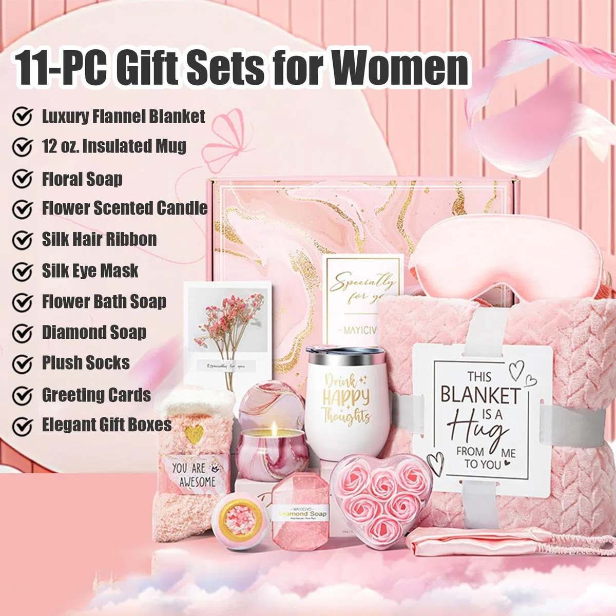 Damen-Set | Spa & Körperpflege Set | Luxuriöses Wellness | Set mit Flanelldecke für Muttertag, Postnatal, Studenten und Brautgeschenk
