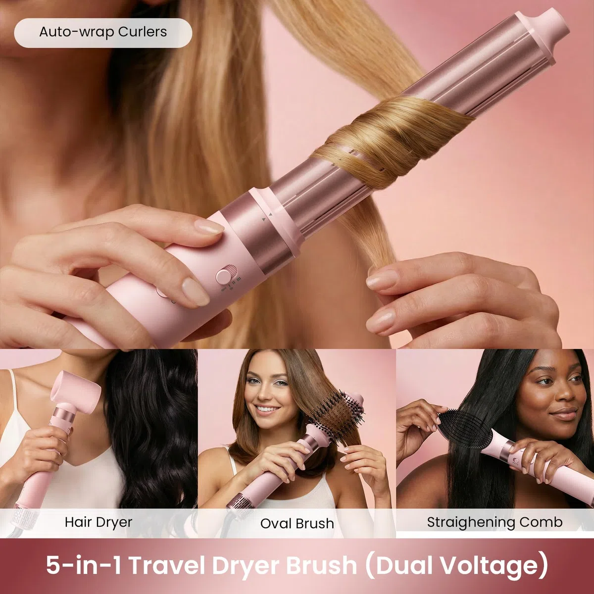 MESCOMB 5 in 1 Dual Voltage Hair Styler Ionen Föhn & Airstyler Set mit Aufsätzen, Schnelltrocknend,Lockenstab,Glätten, Volumen, Ohne Hitzeschäden | 100–240V für weltweite Reisen mit Reisetasche