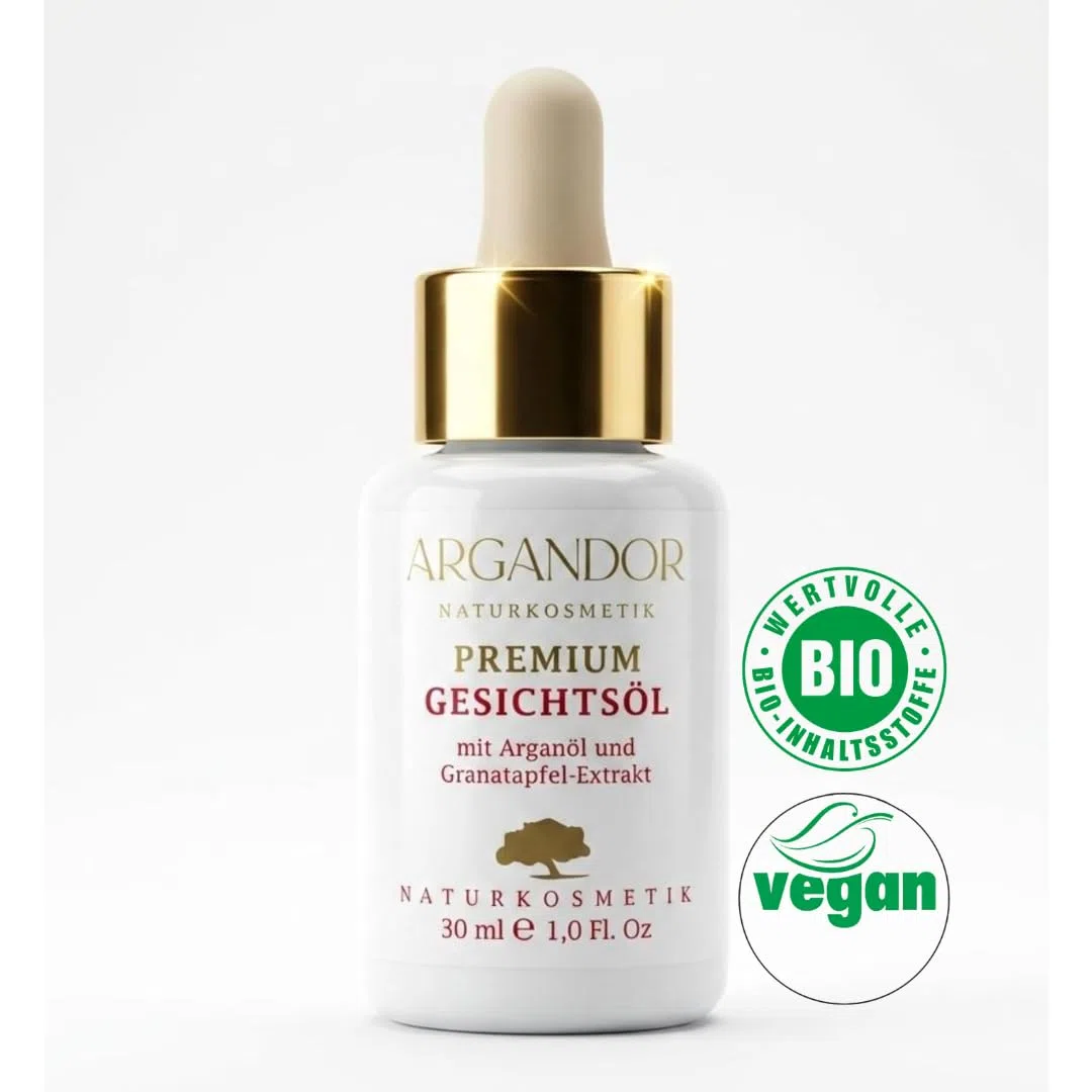 ARGANDOR PREMIUM GESICHTSÖL mit Bio-Arganöl und Bio-Granatapfelextrakt - Zertifizierte, vegane Biokosmetik, exklusiver Wirkstoffkomplex mit Bio-Ölen für Gesicht und alle Hauttypen, fair, nachhaltig