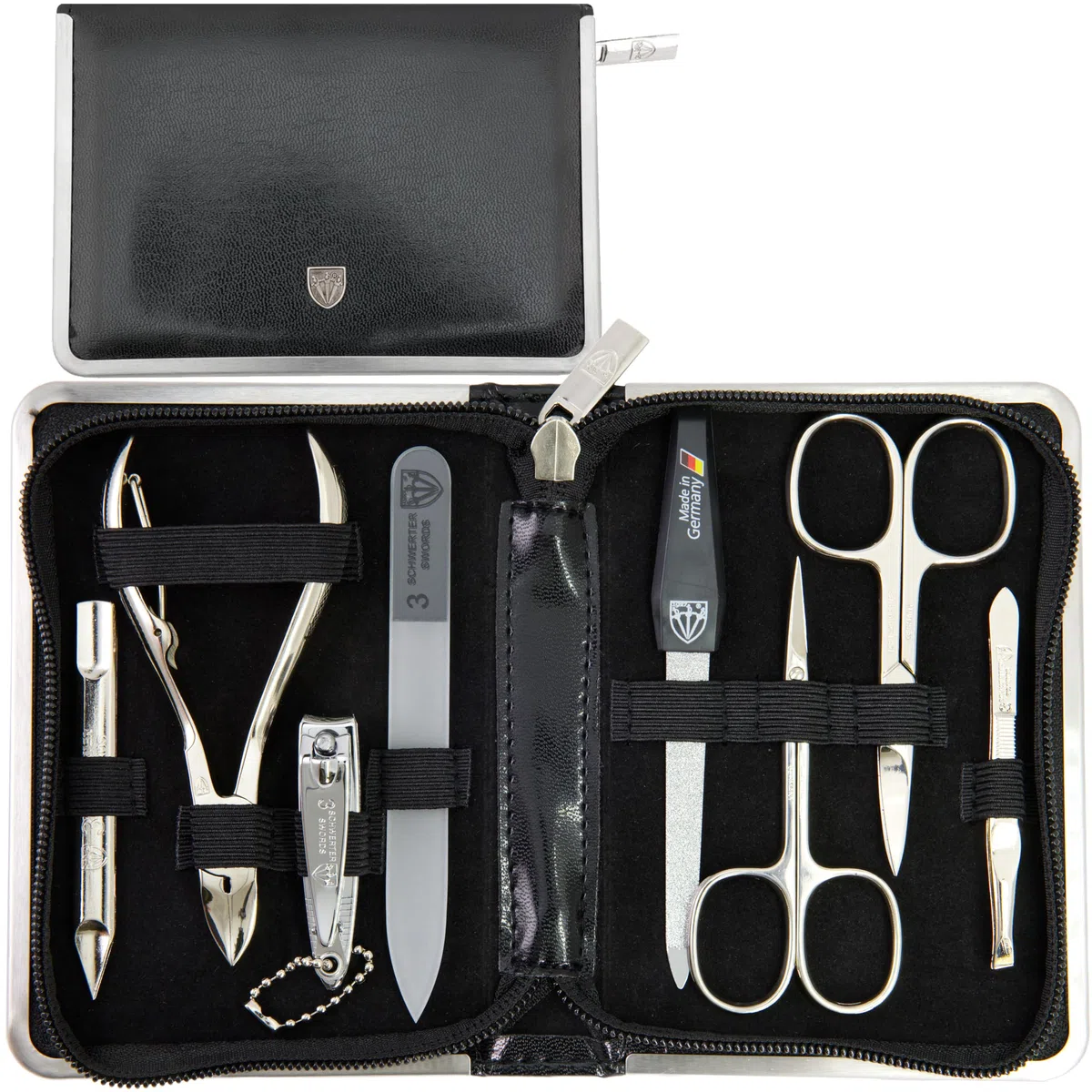 DREI SCHWERTER Germany Maniküreset Nagelnecessaire 'Andria' - 8-tlg. aus schwarzem Kunstleder, Inhalt: Nagelschere, Nagelzange, Glasnagelfeile, Hautschere, Pinzette und vieles mehr!