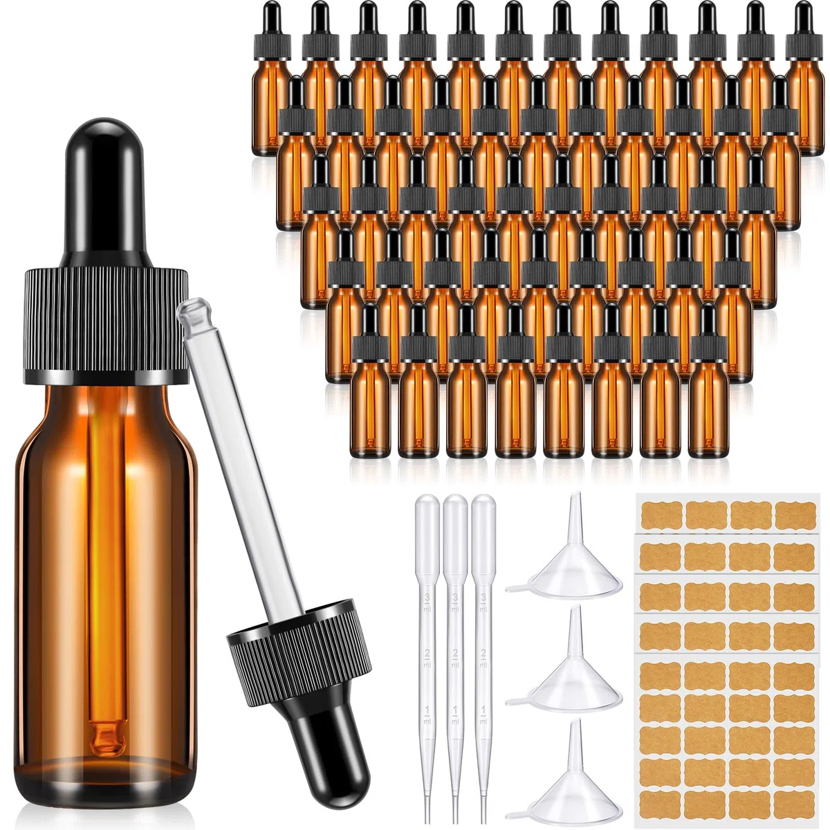 Lallisa Tropfflaschen für ätherische Öle, Glas-Tropfflaschen mit Augentropfenspender, Tropfflaschen mit 5 Trichtern, 5 Pipetten, 3 ml, 100 Etiketten für ätherisches Öl, Parfüm (bernsteinfarben, 15 ml