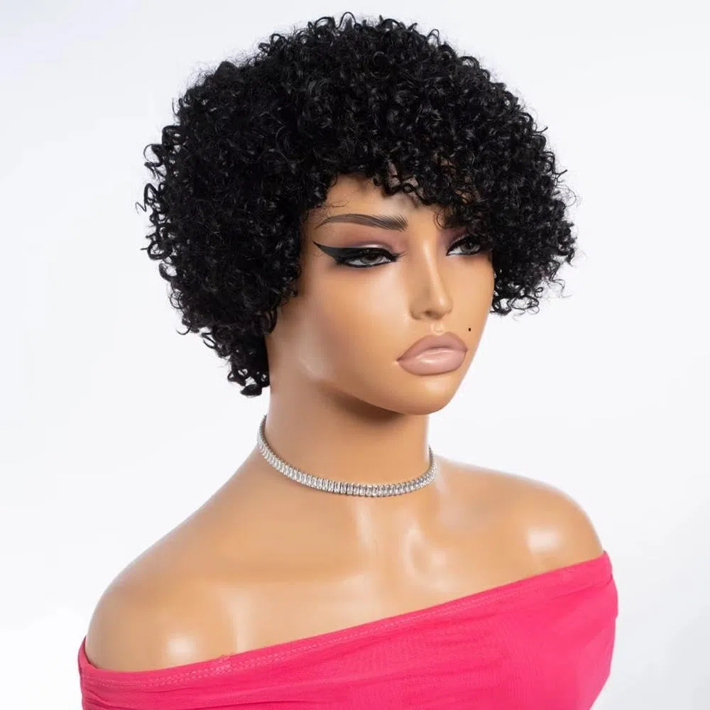 Haarpflege 100% Echthaar Lange Verworrene Lockige Bob-Perücke Für Frauen Vollständig Maschinell Hergestellt Ohne Kleber(Black)