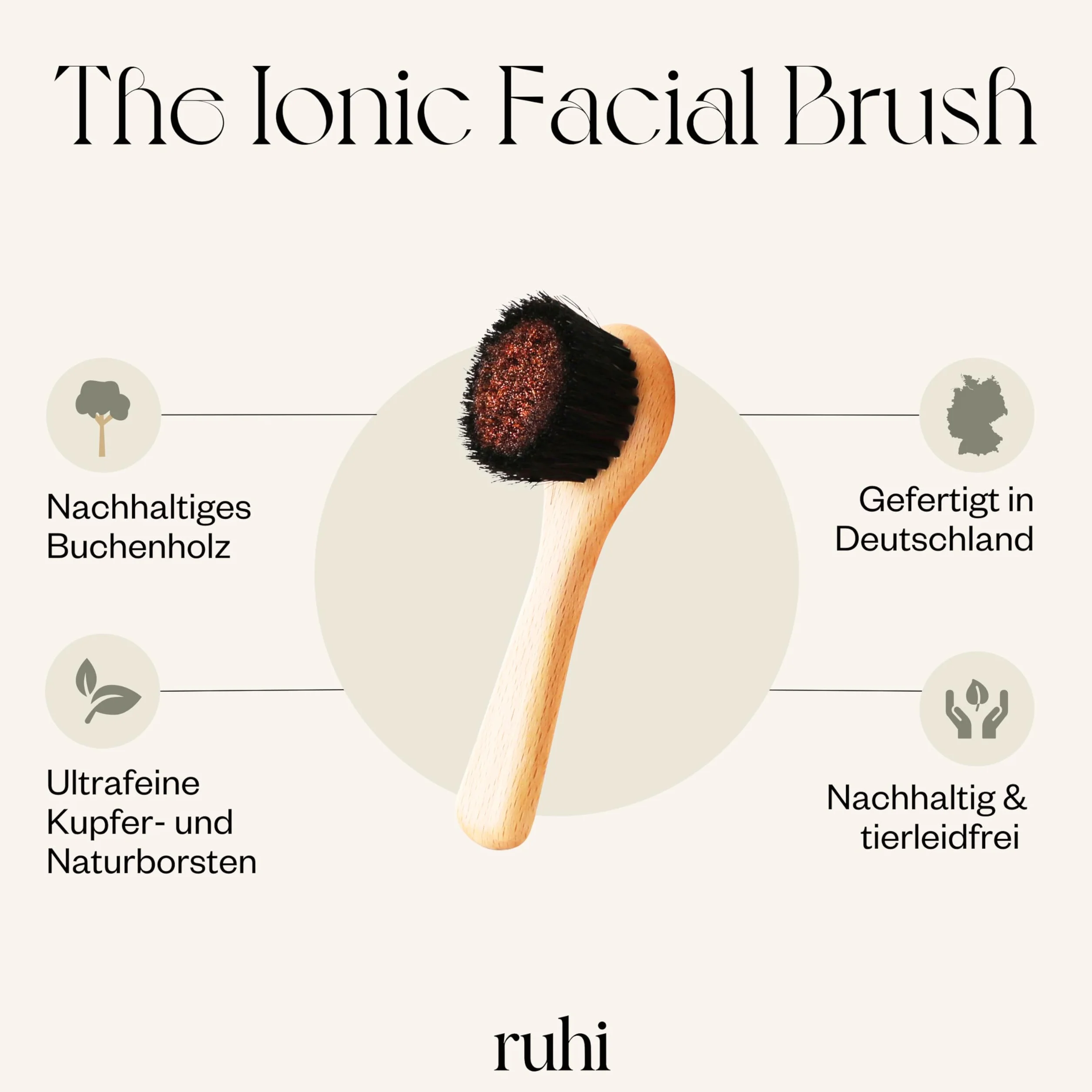 ruhi® Klosterbürste Gesicht/Kupferbürste/Gesichtsbürste Kupfer, Naturborsten&plastikfrei zur Trockenbürsten Massage/Peelingbürste gefertigt in Deutschland/Ionic Dry Brush Face/regionales Buchenholz