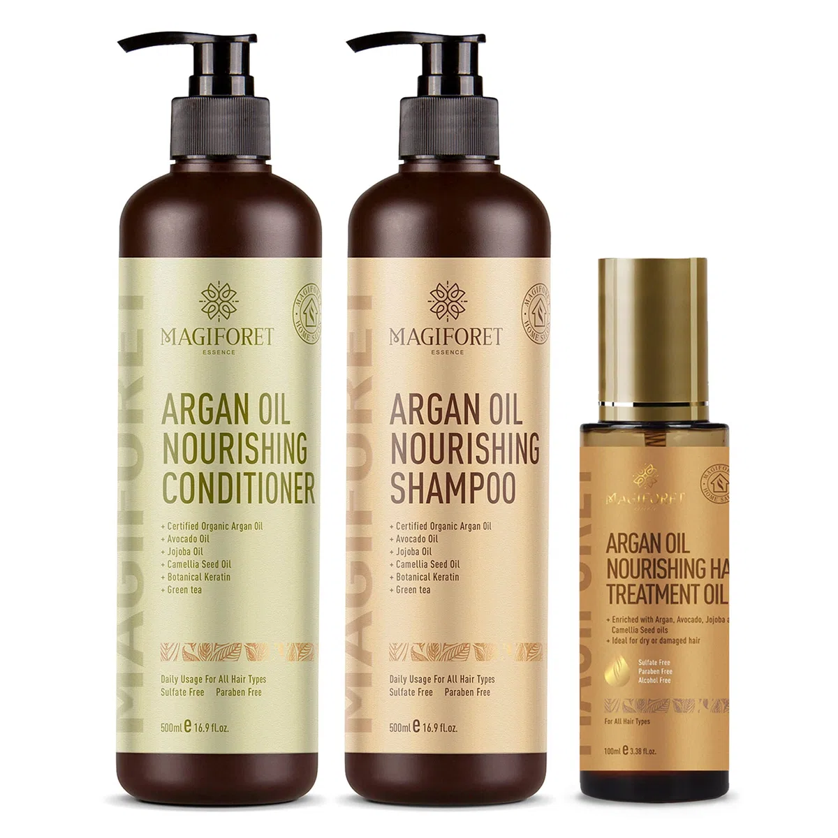 MagiForet Haarpflege Set mit ArganölShampoo 500ml + Conditioner 500ml + Haarserum 100ml, Anti Frizz, Sulfatfrei, Parabenfrei –pflegt Locken, krauses und farbbehandeltes Haarweich und geschmeidig