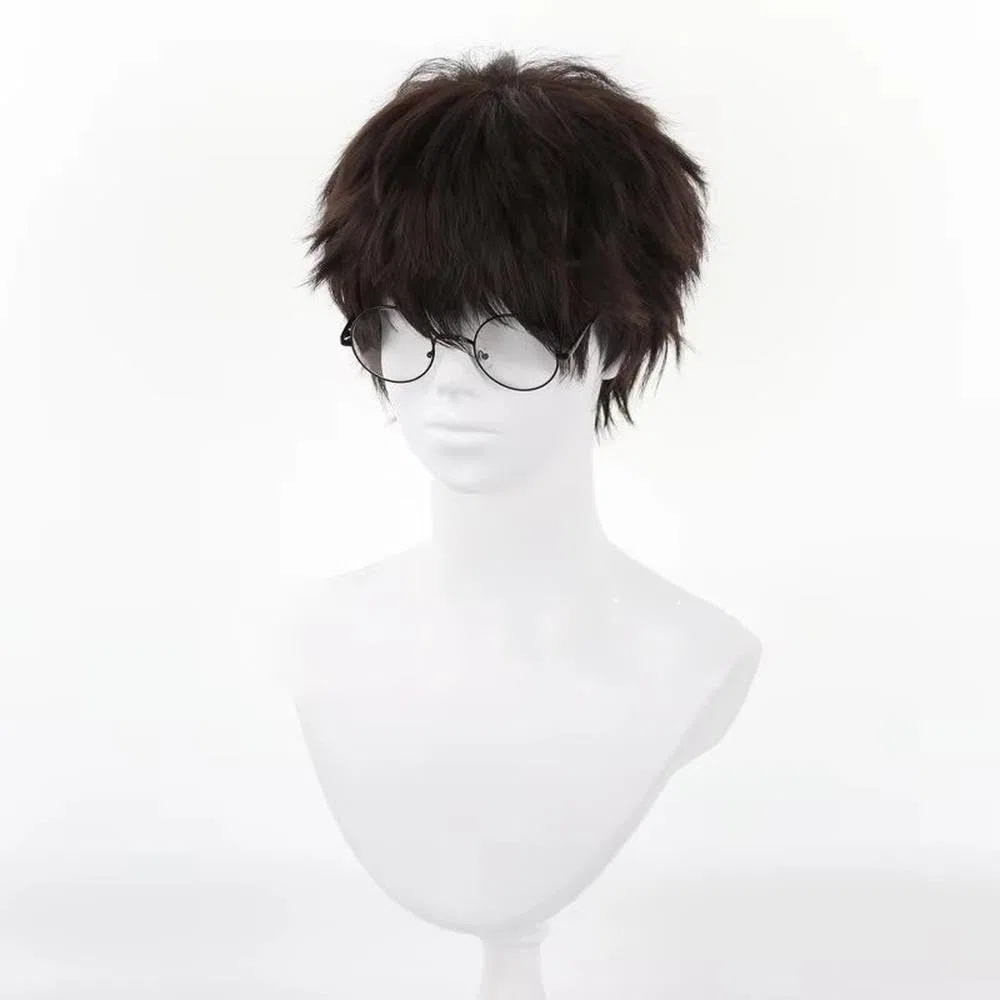 Haarpflege Herren-Cosplay-Perücke Kurz Dunkelbraun Hitzebeständig Volles Haar Mit Brille(Wig and glasses)