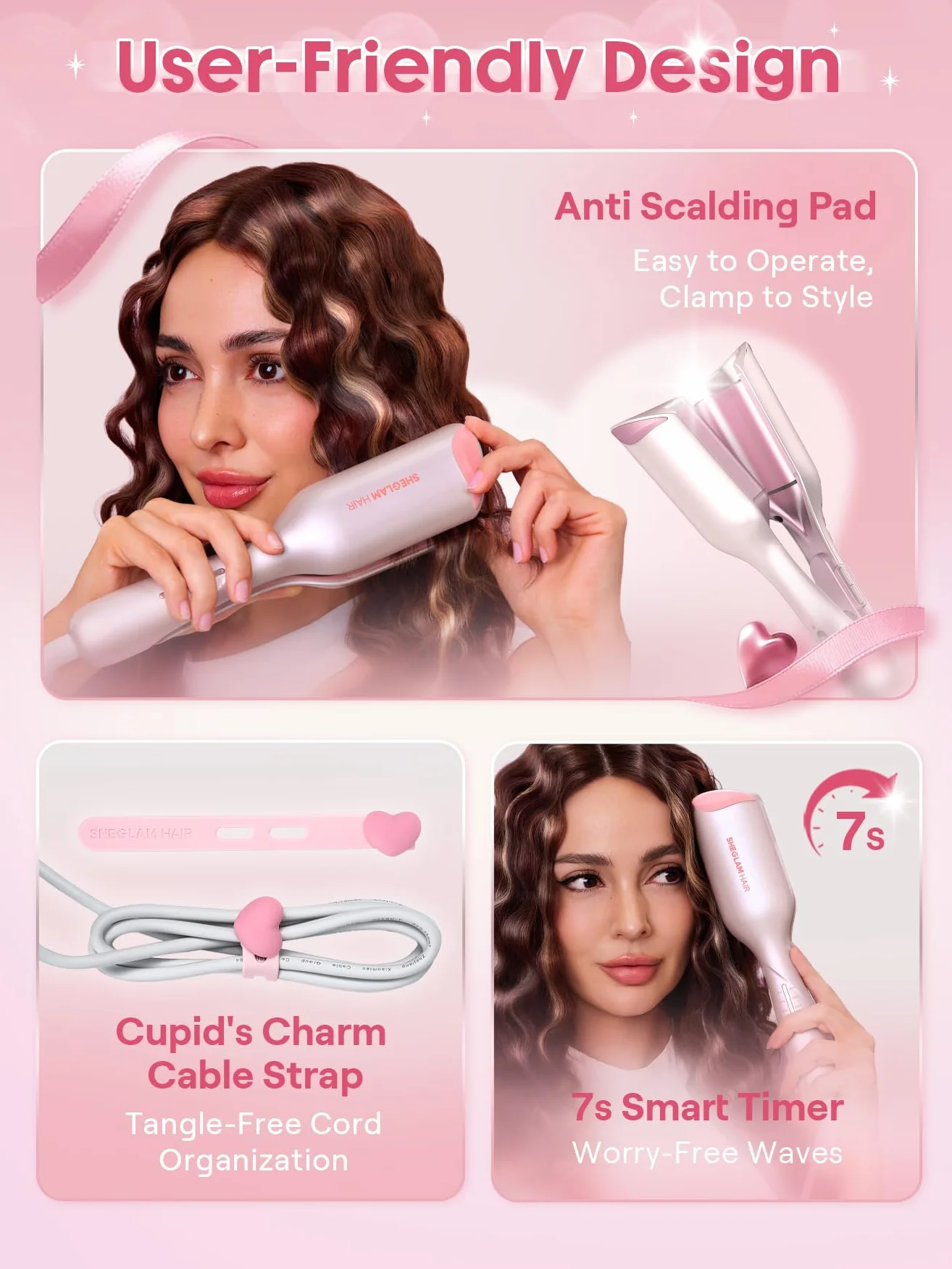 SHEGLAM Cupid's Charm Beach Babe Welleneisen für Haare 2 Barrel Kreppeisen mit Smart-Timer, einstellbarer Temperatur, Dual Voltage, Anti-Scald Lockenstab für Beach Waves & Mermaid Hair (25mm)