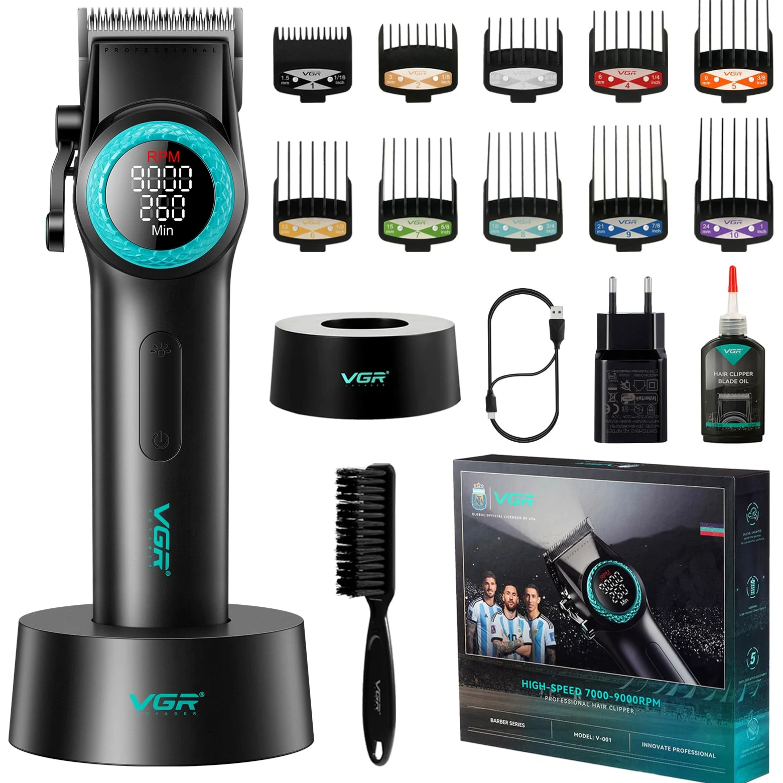 VGR 001 Professionelle Haarschneidemaschine für Männer, Schnurlose Friseurschermaschine zum Haarschneiden, Karbonstahlklinge Haarschneider für Barbiere, 9000 U/min, LED-Anzeige, Schwarz