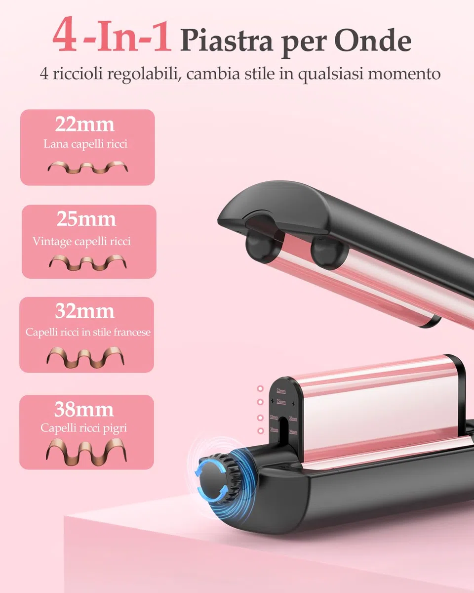 4 In 1 Einstellbar Welleneisen für Haare - 22/25/32/38mm Lockenstab für Beach Waves/Natürlich Wellen/Wasserwellen/Mermaid Waves, Anzeige, 4 Temperaturen(140-210°C), 3 Fässer Welleneisen, Schwarz Rose