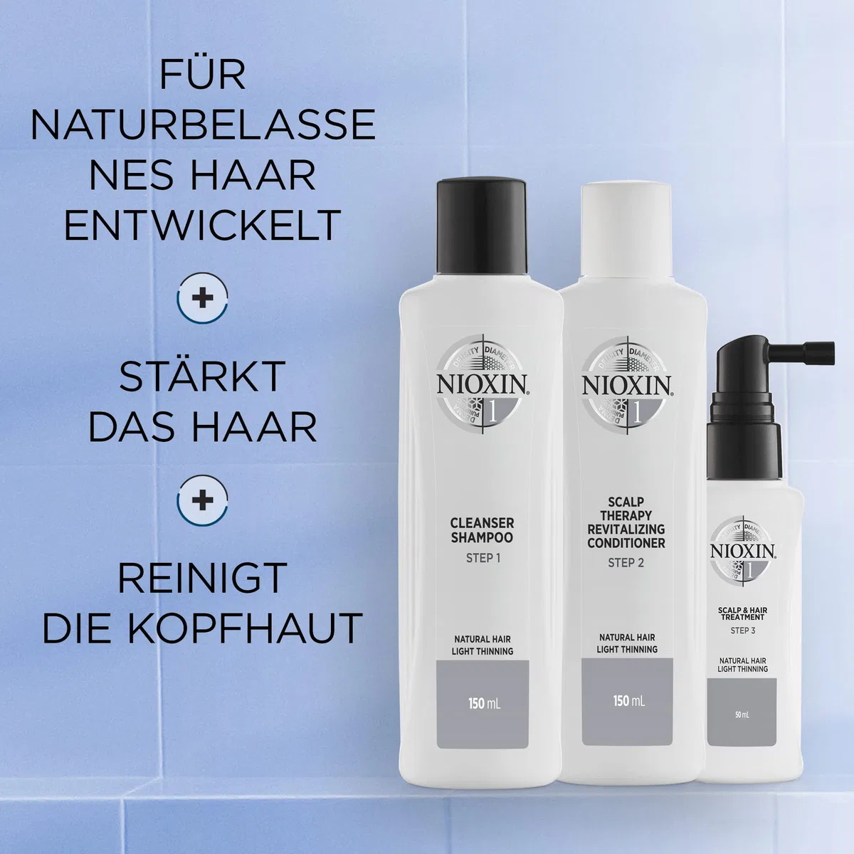 NIOXIN System 1 Starter-Set – Shampoo, Haarspülung und Kopfhaut Serum für naturbelassenes, dezent dünner werdendes Haar – gegen Haarausfall durch Haarbruch und für mehr Widerstandskraft