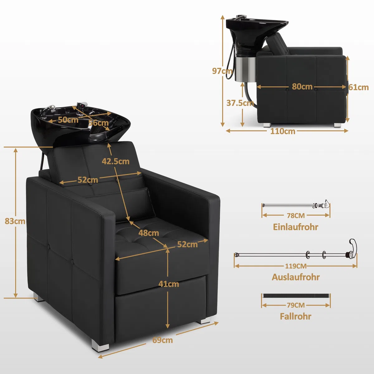 Barberpub Friseurstuhl mit Waschbecken, Friseurwaschbecken aus Keramik Verstellbar, Rückwärtswaschsessel Friseurwaschsessel für SPA Salon, Friseur Waschplatz W8010 (Schwarz)