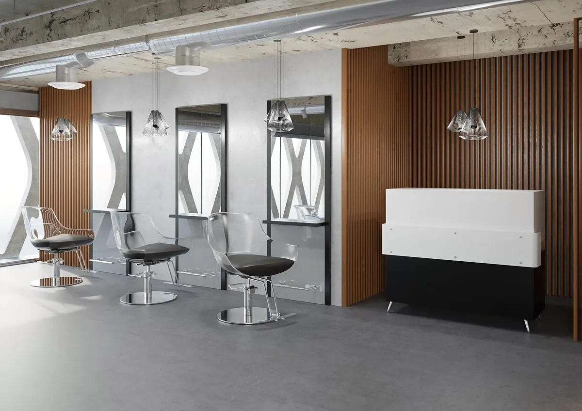 AYALA Friseurstuhl GHOST für Kosmetik- und Friseursalon mit schwarzem Kissen, Hydraulikpumpe (Quadrat schwarz)