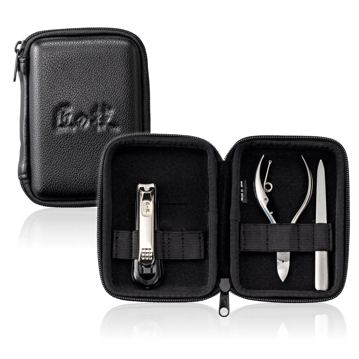 Green Bell Nagelpflege-Set, Nagelknipser mit Auffangbehälter & Feile, Nagelzange, Nagelfeile, Edelstahl, Kunstleder-Etui, 3-teilig, TAKUMI NO WAZA (G-3127)
