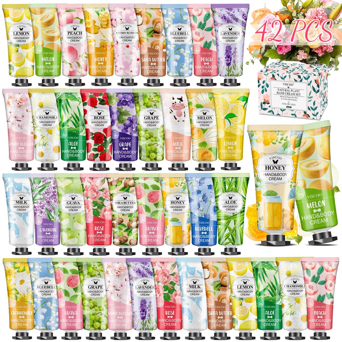 VISCOO Geschenkset mit 42 Handcremes für Damen, ideal zum Befüllen von Weihnachtsstrümpfen, Geschenke für Jugendliche und Frauen, auch in Reisegröße, feuchtigkeitsspendende Mini-Lotion für Ma