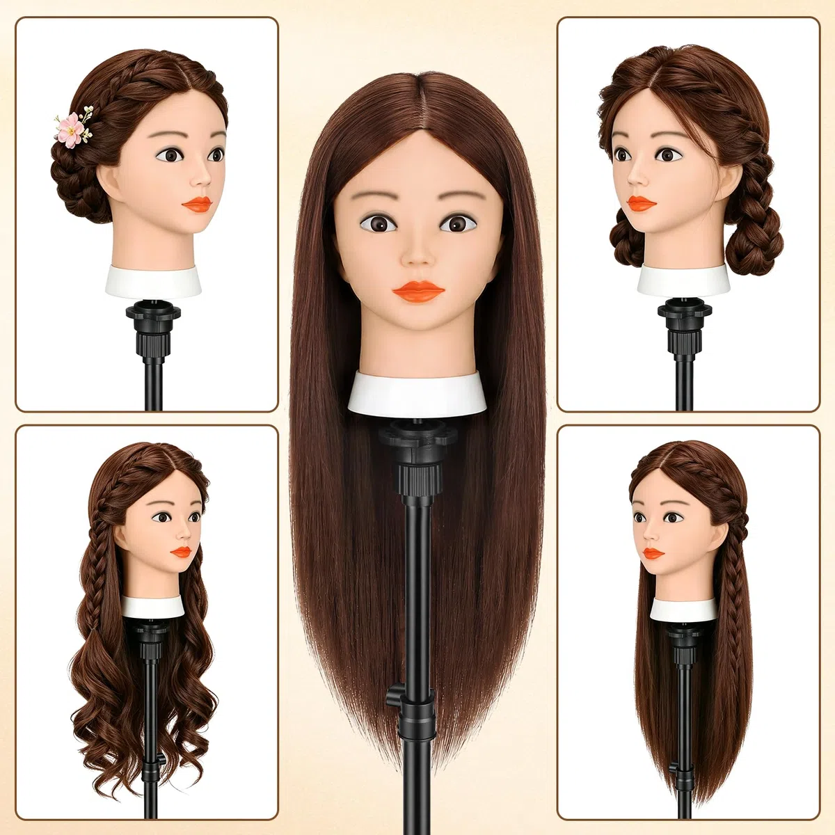 TwoWin Friseurkopf mit Haaren 26 Zoll 66 cm 80% Echthaar Mannequin Kopf Trainingskopf für Styling Friseurpraxis Dunkel Braun