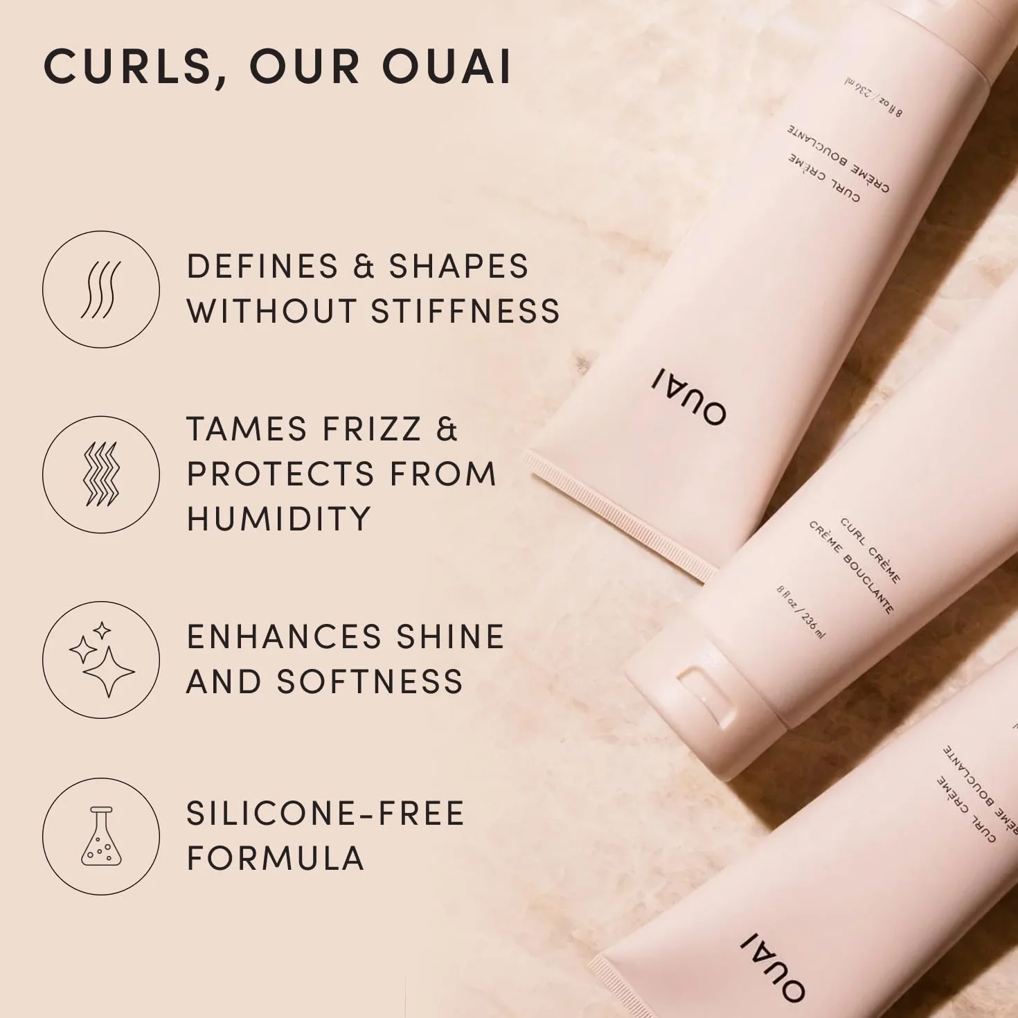 OUAI Curl Cream - Lockencreme mit Babassu-, Kokos-, Lein- & Chiasamenöl - Definiert, hydratisiert & verleiht Glanz - Gegen Frizz - 236 ml