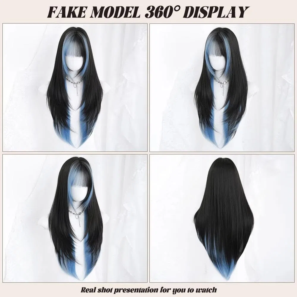 Haarpflege Lange Gerade Geschichtete Schwarze Blaue Perücke Für Frauen Bescheidene Wear and Go Perücken Mit Ordentlichem Pony