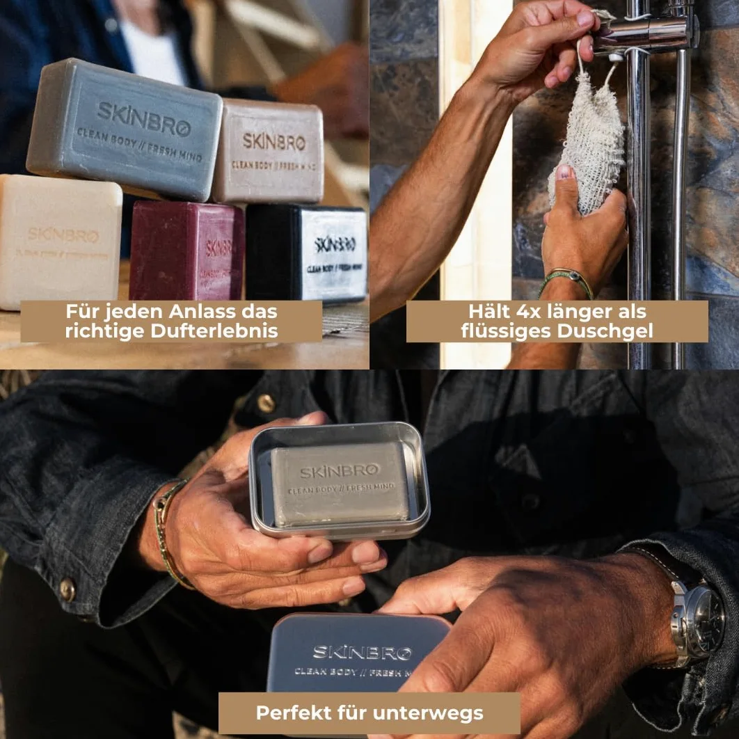 SKINBRO 4er Set Festes Duschgel Männer: 2x New York Flair & 2x Monte Carlo Charm – Vegane Duschseife für Körper & Bart – Nachhaltig & Made in Germany