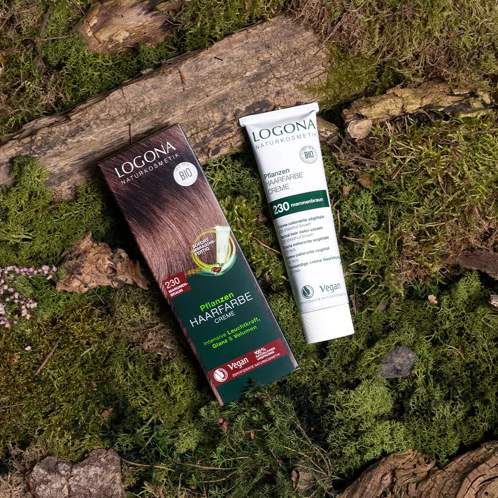 LOGONA Naturkosmetik Pflanzen-Haarfarbe Creme 230 Maronenbraun, Braune Natur mit Henna, vegane Farbcreme für eine dauerhafte Coloration, schonende Färbung für glänzendes Haar, 150ml (Packung mit 2)