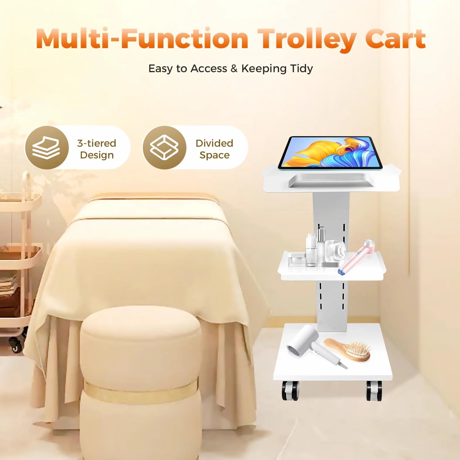 3-Stufiger Laborwagen Rollwagen Mit Steckdosen Rollender Dental Gerätewagen Belastung 100 kg Höhenverstellbare Metallwagen mit Drehbaren Rädern für Labor, Klinik, Schönheitssalon, Salon