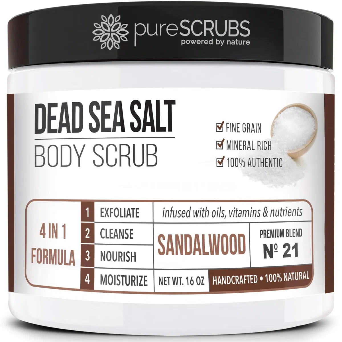 pureSCRUBS Premium Organic Body Scrub Set, groß, 400 ml, Sandalwood Body Scrub – Dead Sea Salt Infused Organic Essential Oils & Nährstoffe, inkl. Holzlöffel, Loofah und Mini Organic Exfoliating Bar