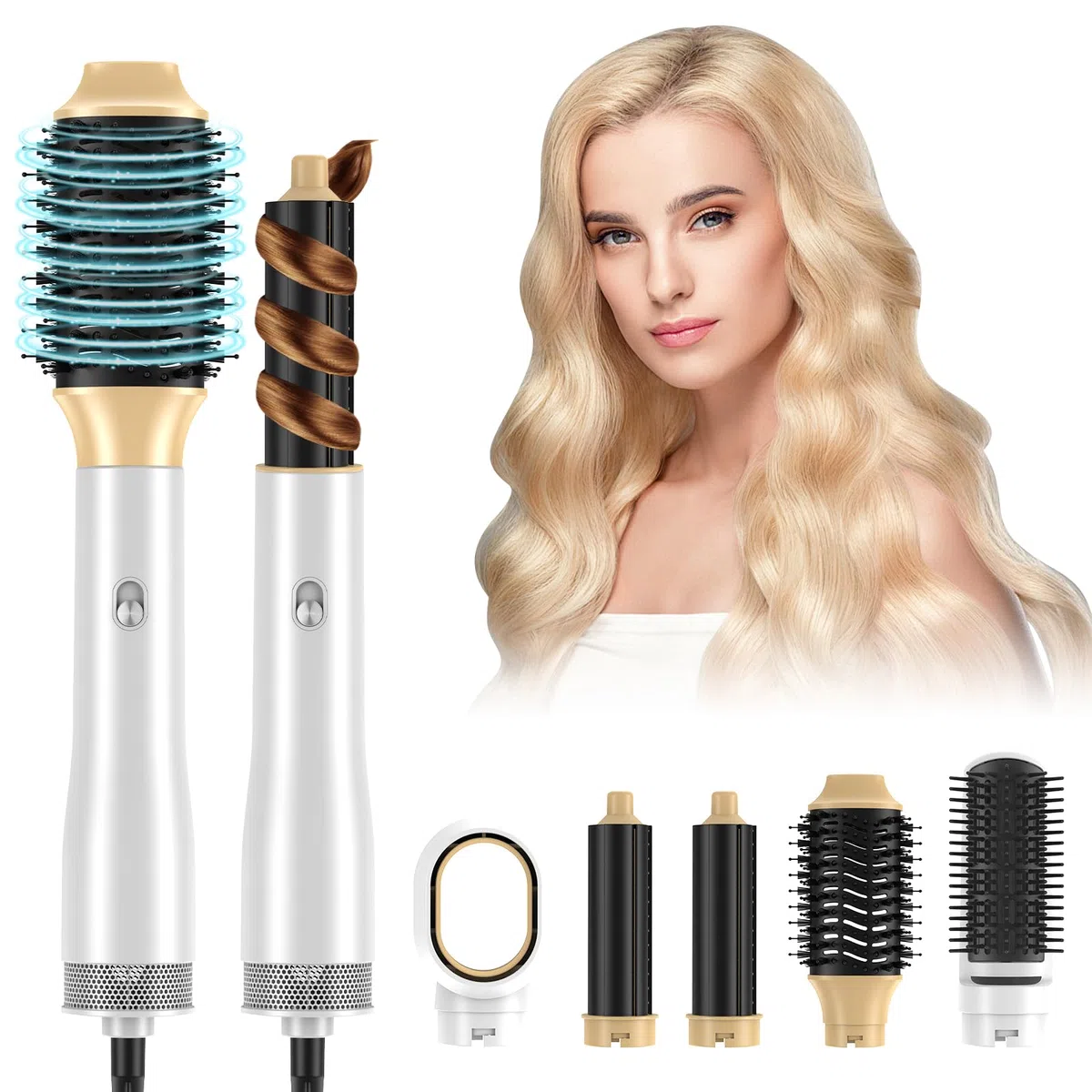 Warmluftbürste, Thermobürste, Blowout Boost Thermal Brush, Ionische Rundbürste, Lockenbürste, Airstyler, 2 Wärme, 5 Aufsätze zum Föhnen, Glätten, Volumen kreieren, 1200W