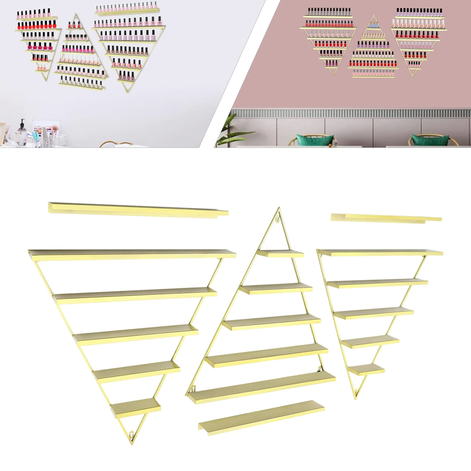 Wandregal für Nagellack, Metall, Gold, dreieckig, 5 Ebenen, Ausstellungsständer, Kosmetik, Tikes, Wanddekoration, unverzichtbar für Home Spa Nail Salon
