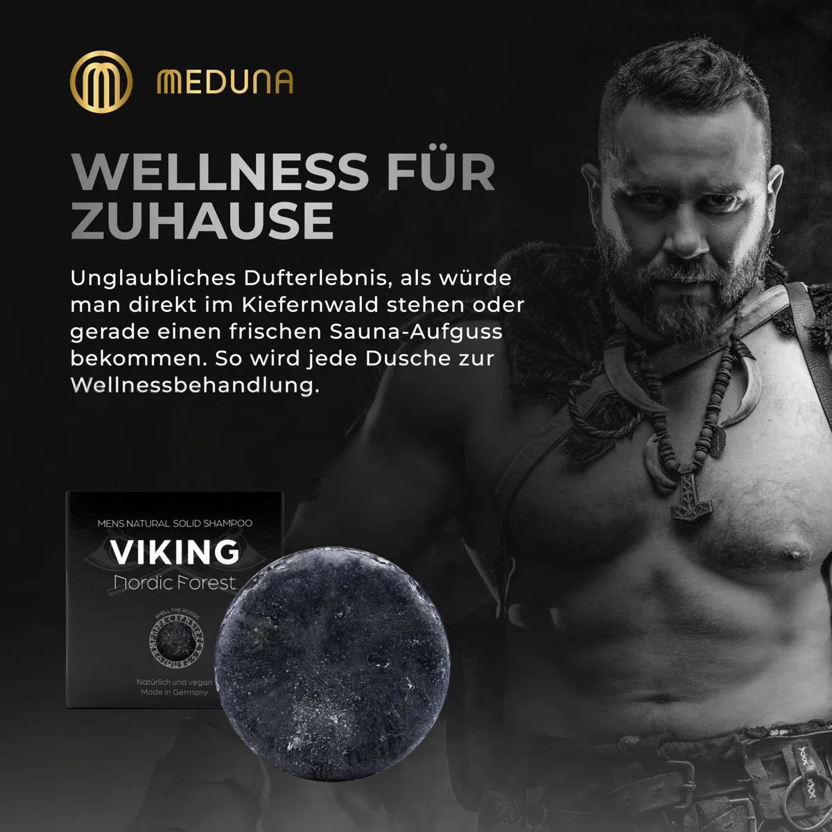 MEDUNA festes Haar-Shampoo Viking Nordic Forest - Kieferbaum Duft - Haarseife mit Bio-Kokosöl & Shea Butter - Naturkosmetik Haarpflege - silikonfreies Shampoo - Pflegeshampoo für alle Haartypen (375g)