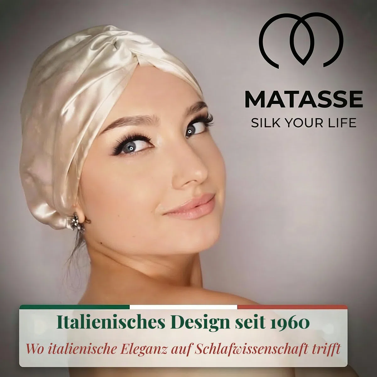 MATASSE Seidenhaube Zum Schlafen Aus 22 Momme Maulbeerseide, Verstellbares Bonnet Seide Für Damen, Doppellagige Schlafhaube Seide Atmungsaktiv Und Hypoallergen, Entworfen In Italien