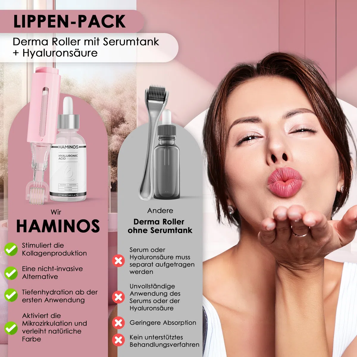 HAMINOS Derma Roller 0,25 mm mit Hyaluronsäure Serum, Microneedle Roller mit Reservoir, Lippenpflege Applikator