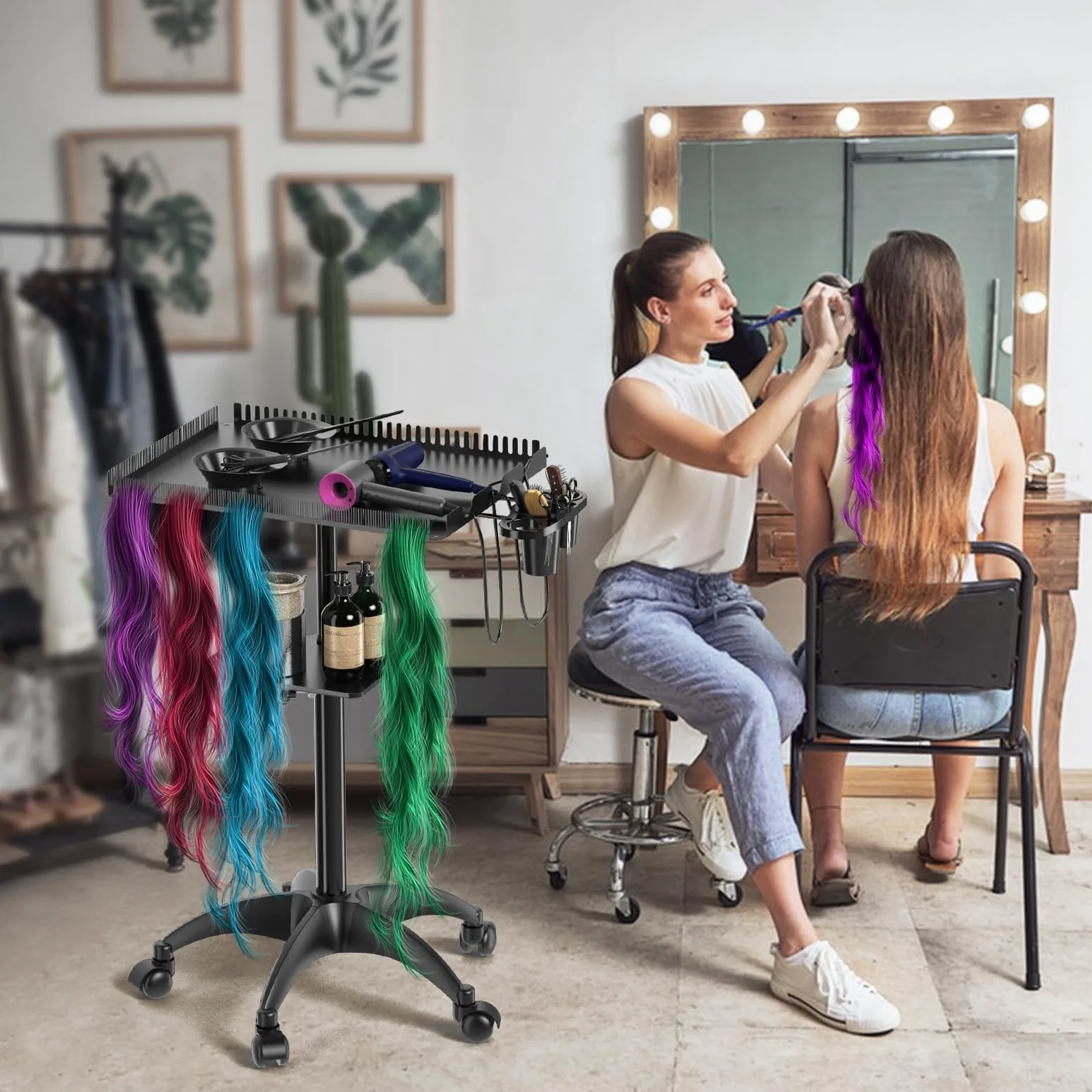 Salon-Tablettwagen, Rollwagen für Friseursalons mit Aufbewahrungsplattform und Haartrennständer