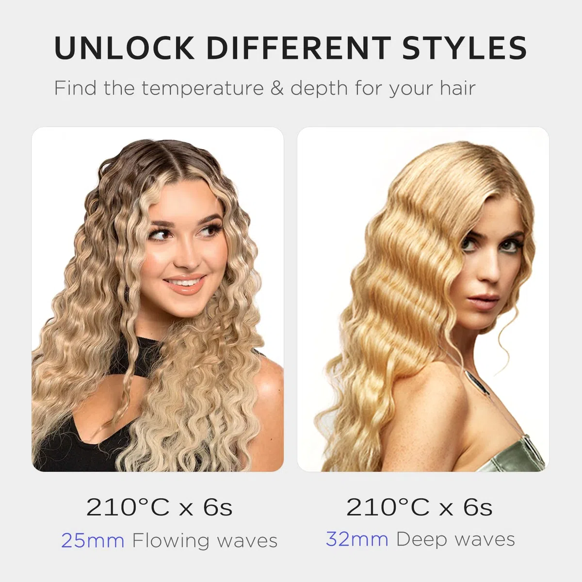 [19/25/28/32mm] Welleneisen für Haare - janelove 4-in-1 Lockenstab für Beach waves/Natürlich Wellen/Wasserwellen/Mermaid Waves, 160°C bis 210°C Kreppeisen für die haare mit Handschuhe und Clips - Gold