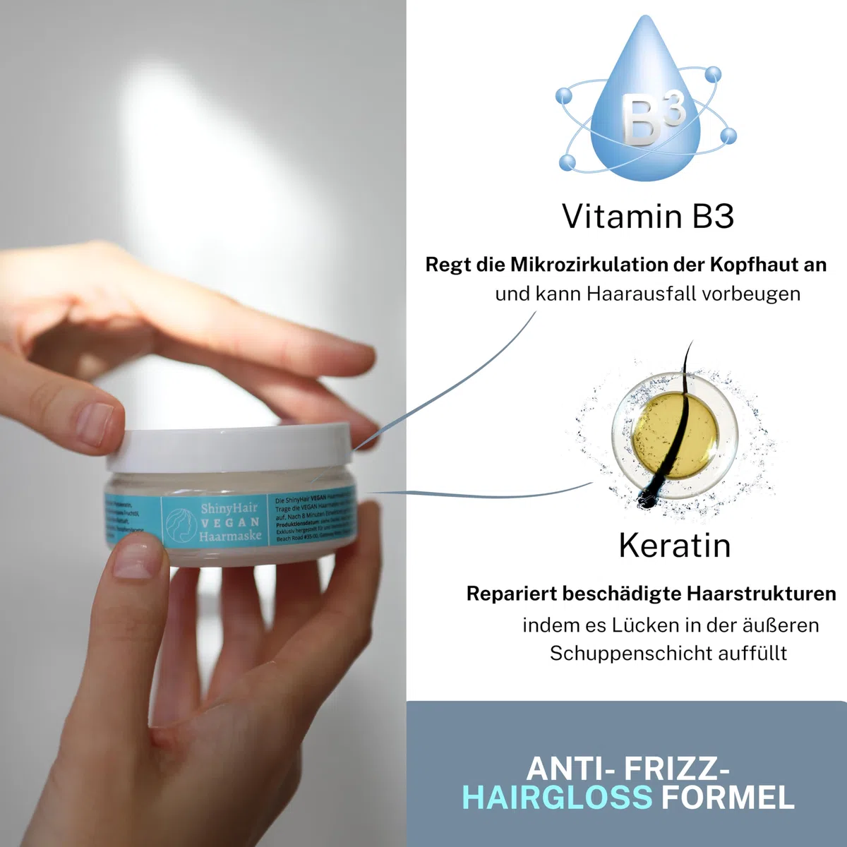 Haarmaske mit Keratin, Rosmarinöl & Arganöl, vegan, 3er Pack | vegane Keratin-Haarkur, für trockenes & strapaziertes Haar, spendet Feuchtigkeit, für glänzendes Haar, 1-2x pro Woche