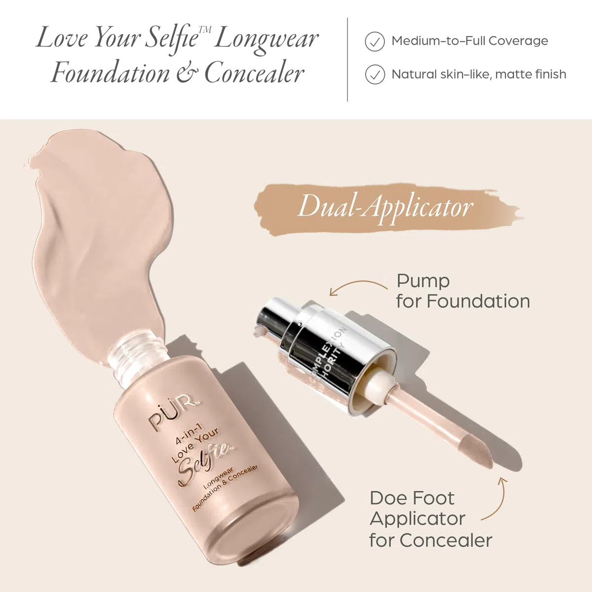 PUR Cosmetics 4-in-1 Love Your Selfie Longwear Foundation and Concealer - Unique, Dual-Applicator Component - Covers Blemishes and Imperfection - Reduce Fine Lines and Wrinkles - LN2-1 oz Makeup