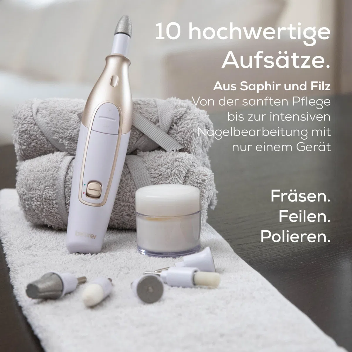 Beurer MP 64 Maniküre/Pediküreset, elektrisches Nagelpflegeset mit Akku, 10 Aufsätze zur Nagelpflege für schöne Hände und Füße, mit LED Licht, Einheitsgröße, White and gold