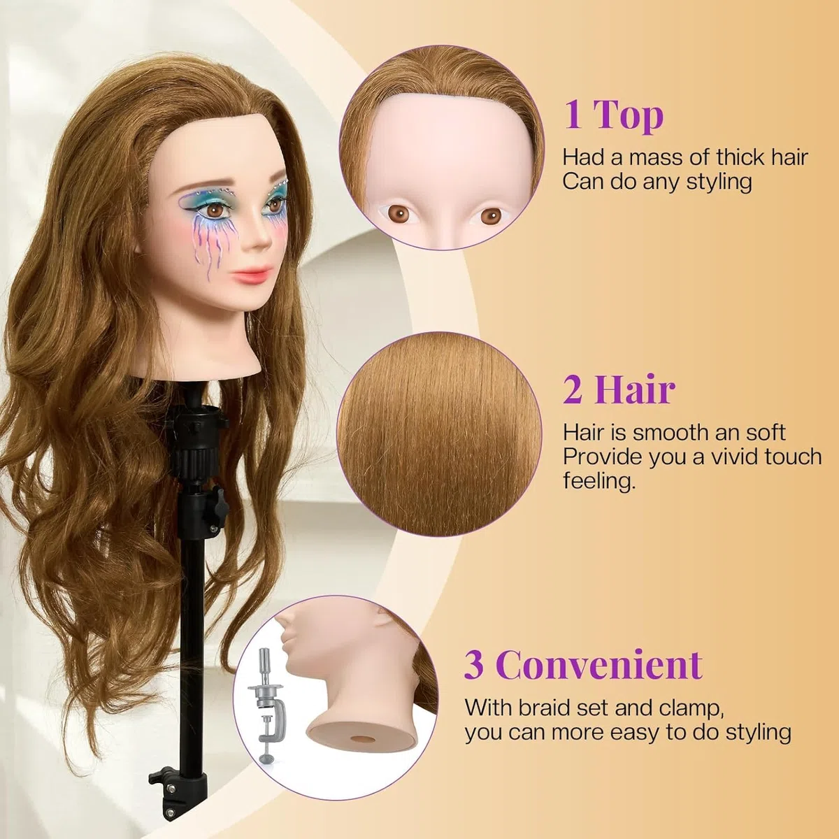 Neverland 24 Zoll Schminkkopf Frisierkopf mit Ständer 80% Echthaar Übungskopf Trainingsköpfe Friseurkopf mit Halter + Hair Styling Braid Set
