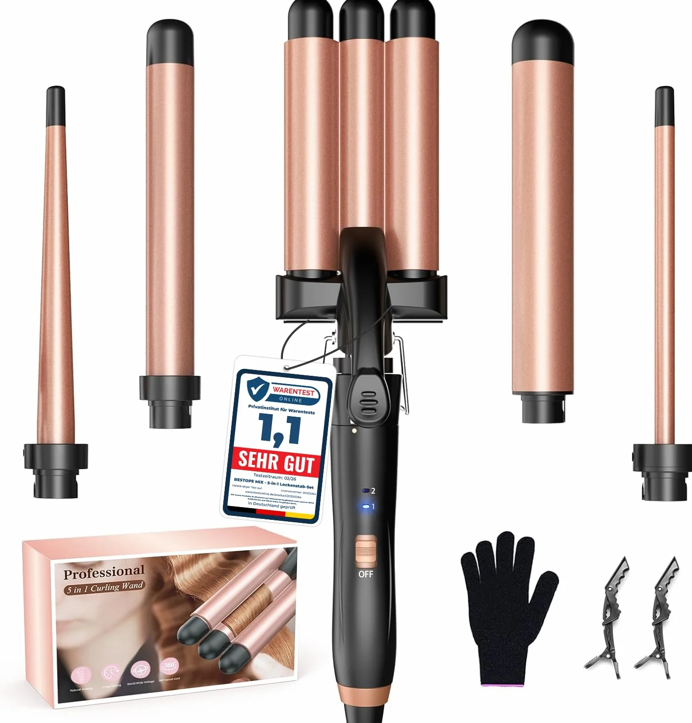BESTOPE MIX Welleneisen Set 5 in 1, Lockenstab mit Verschiedenen Aufsätzen Einstellbare Temperatur Keramik Lockenstab Große Locken Schnellaufheizung lockenstäbe 3 Fässer für Lange/kurze Haare