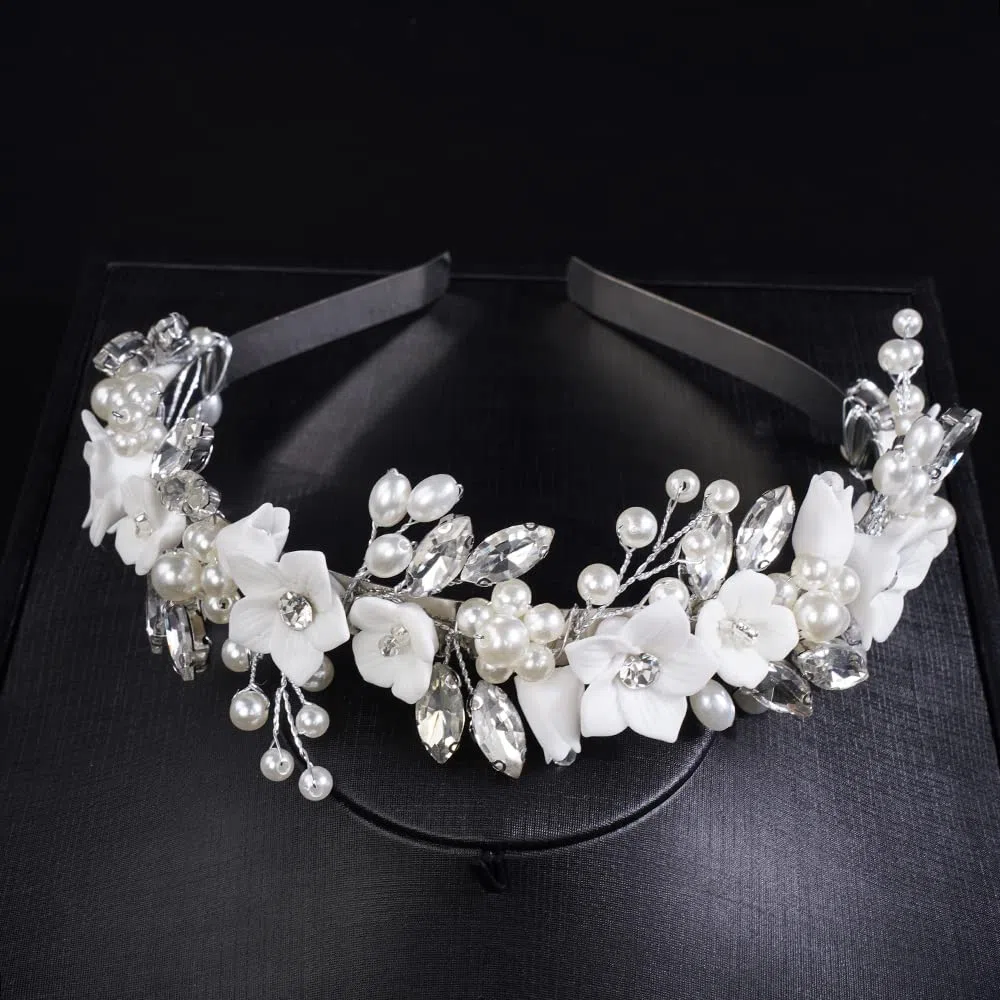 JWICOS Blumen-Braut-Stirnband, silberfarbenes Diadem für Braut, Kopfschmuck für Hochzeit, Haarschmuck für Braut, Abschlussball, Fotografie