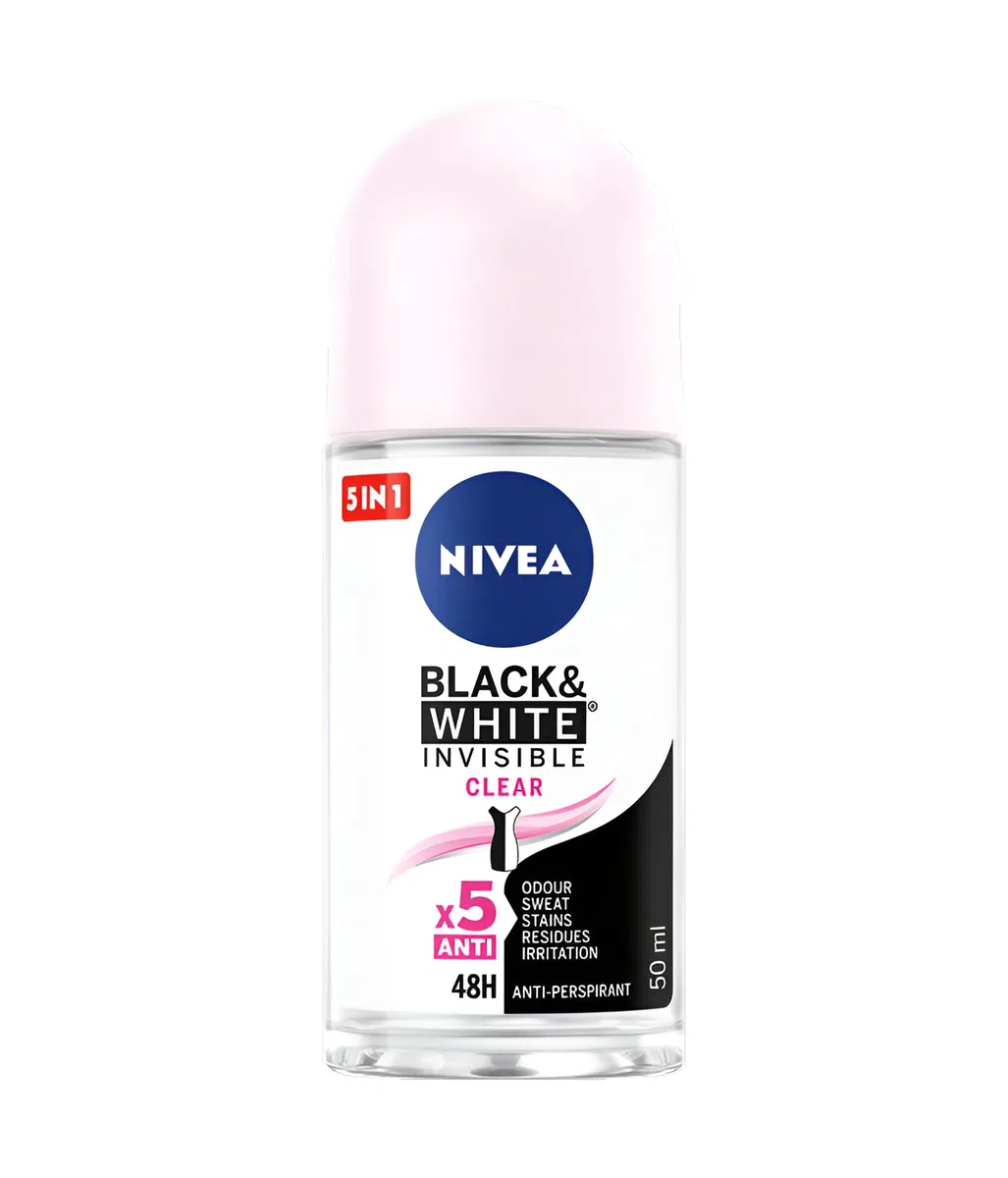 Nivea Roll-on Invisible Black & White Clear Anti-perspirant Care for Every Skin Type 48 Hours Sweat Protection and Delicate Care Alcohol-free, 50ml Pack of 6