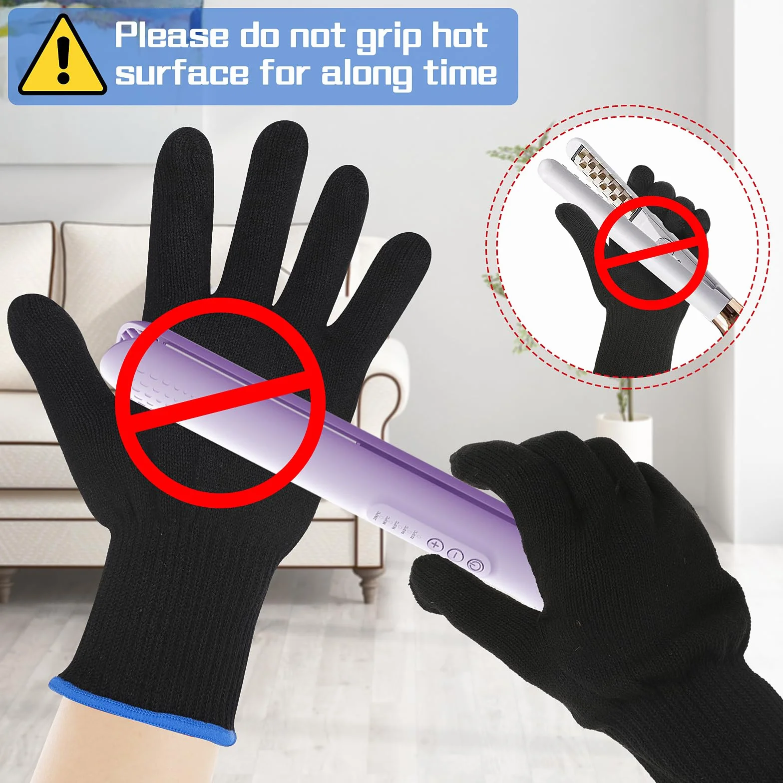 Professioneller hitzebeständiger Handschuh für Haarstyling, Lockenstäbe, 2-teilig, Blauer Rand
