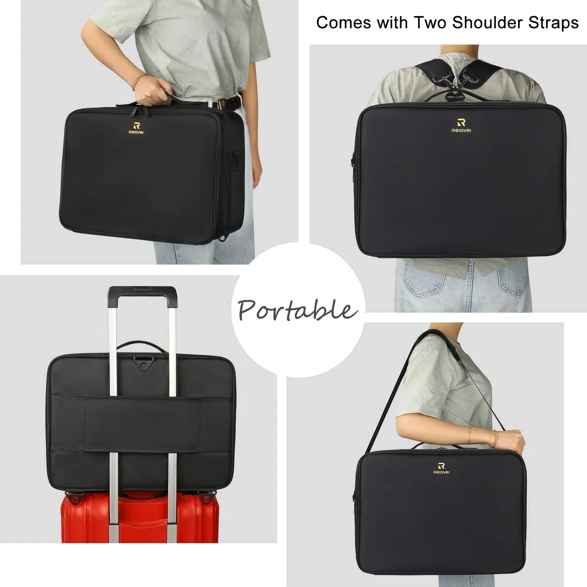 Relavel Extra Groß Make-up-Koffer, Professionelle Make-up-Tasche für Reisen & Visagisten, Tragbare Nagel-Kosmetikbox mit verstellbaren Fächern, Trolley-Anschluss & Schultergurt (Schwarz)