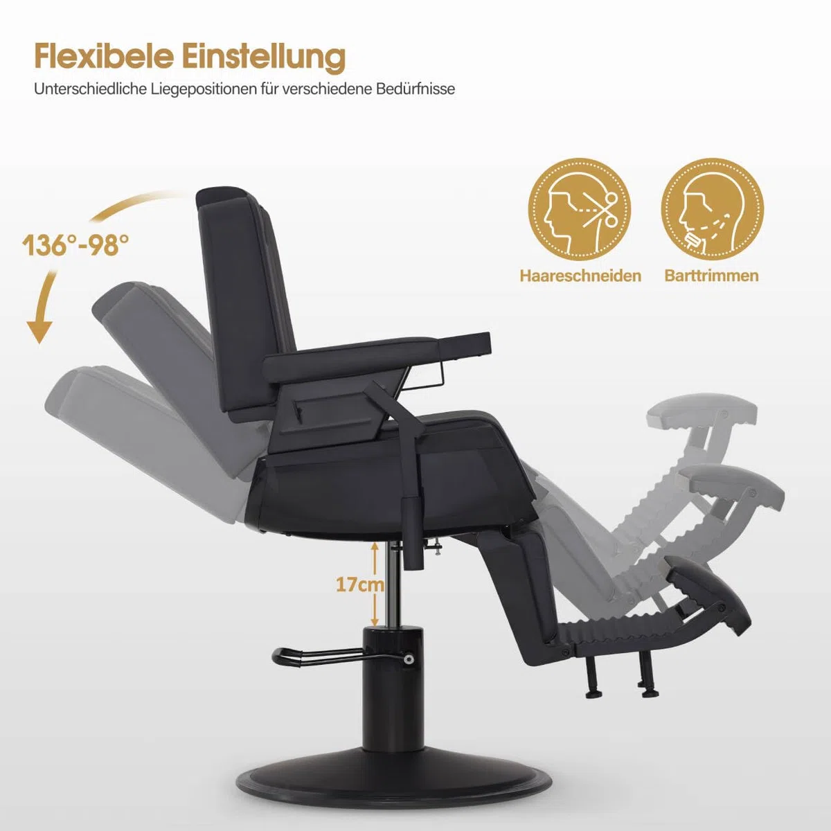 Barberpub Friseurstuhl mit Kopfstütze Kippbar 360° Drehbar Hydraulikpumpe Höhenverstellbar Kunstleder Schwarz