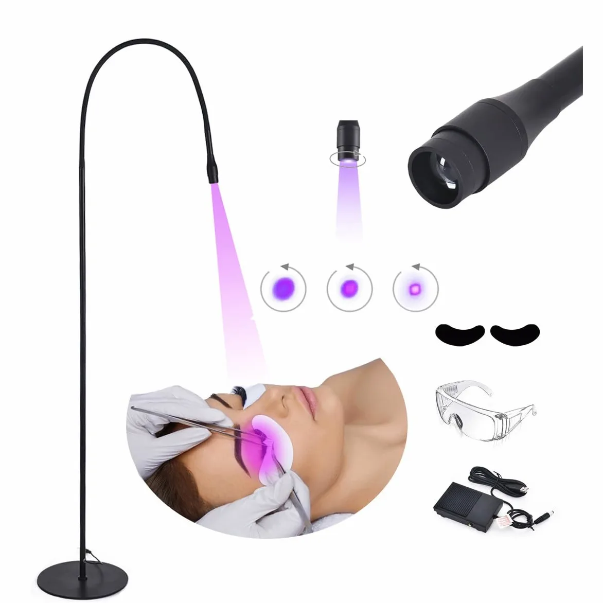 UV-Licht für lichthärtenden UV-Wimpernverlängerungskleber, UV-LED-Wimpernverlängerungslicht + Augenklappe + Schutzbrille + Fußschalter,Einstellbare Punktgröße,10 W flexibler Schwanenhals,Black