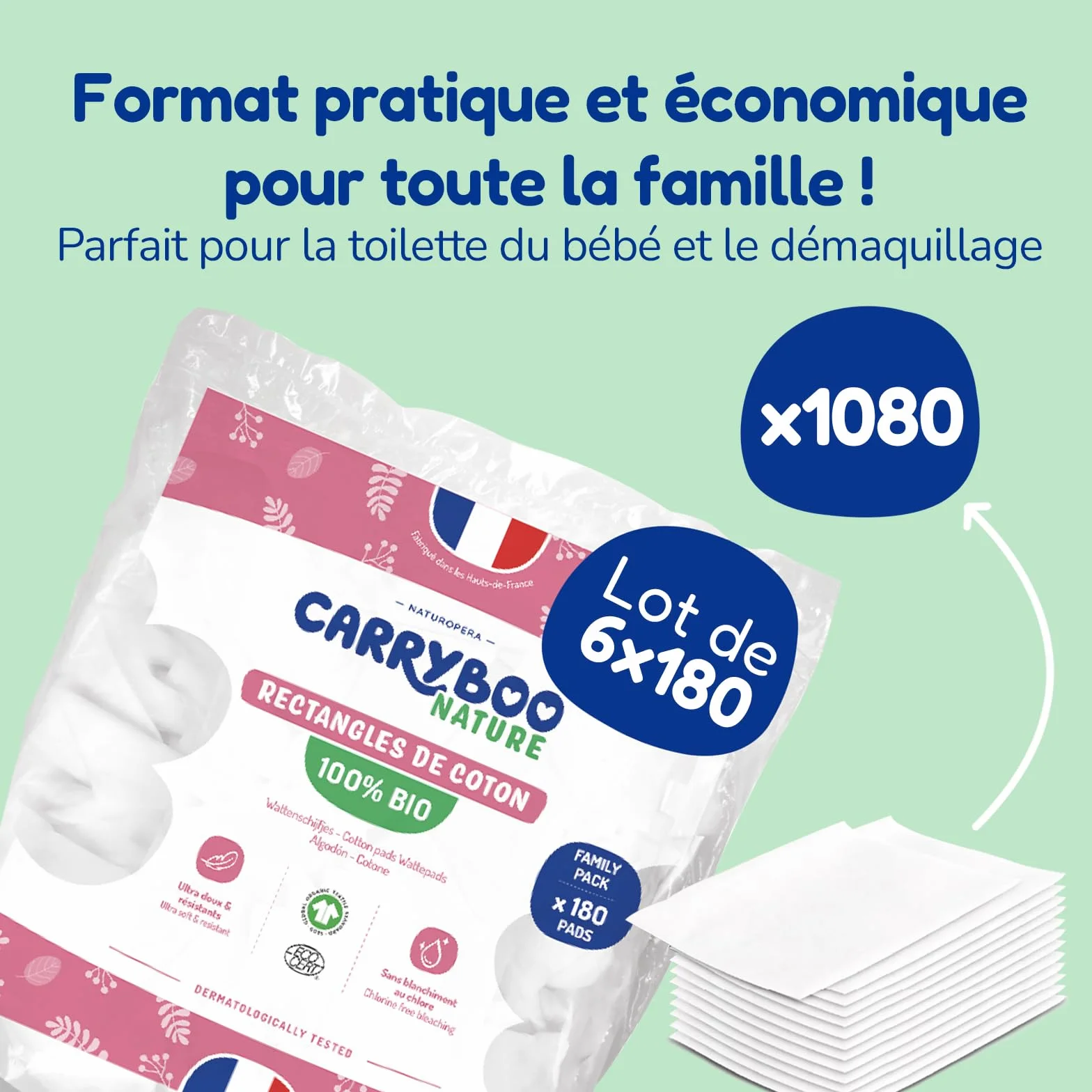 CARRYBOO - Quadratische Baby-Baumwolle – 100% Bio – für normale & empfindliche Haut – 6 Stück – ultraweich & strapazierfähig – hypoallergen – ohne Chlor gebleicht – für die ganze Familie – Packung