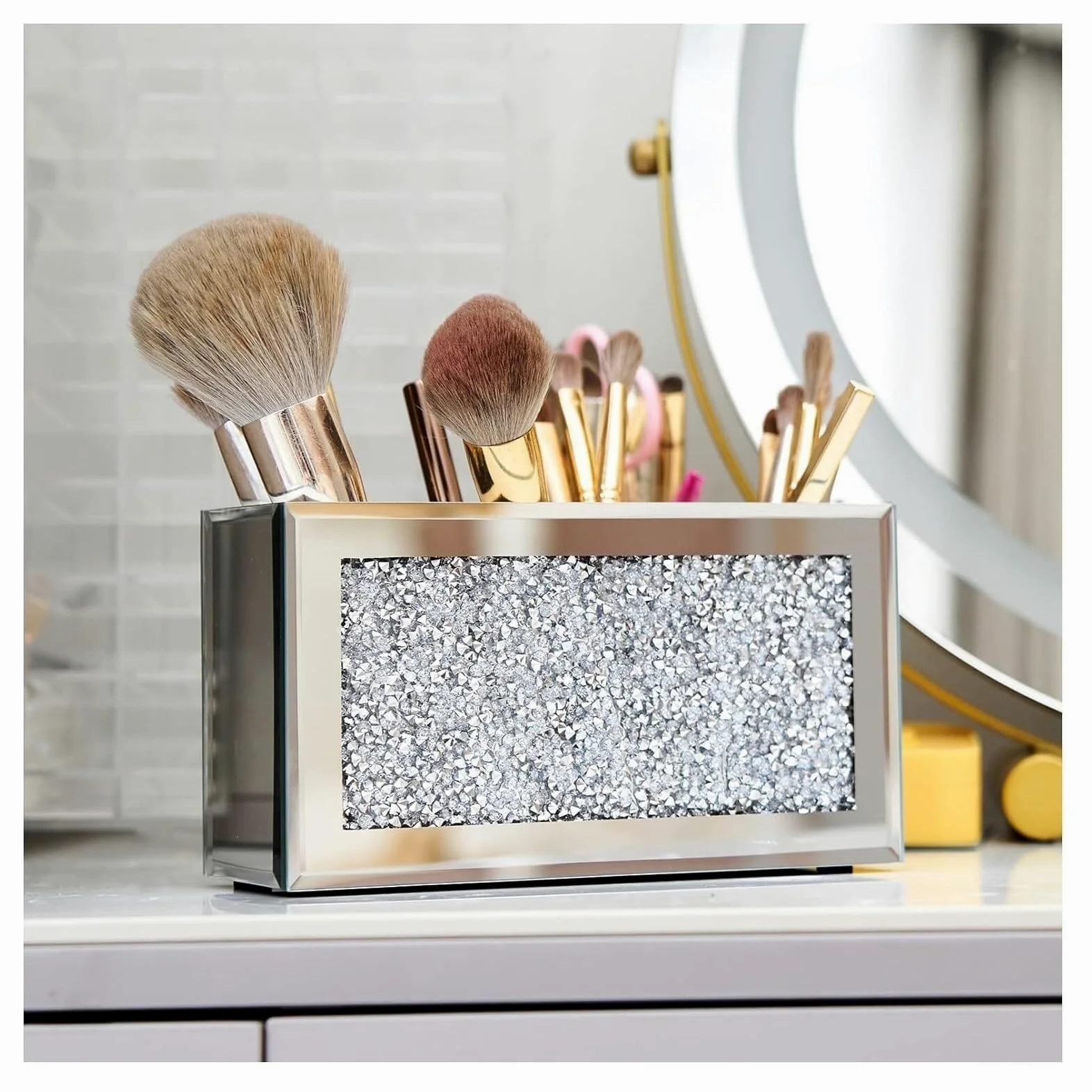 Kosmetik Make Up Organizer Make-up-Pinselhalter Mit 3 Fächern Für Vanity Cosmetic Storage Organizer Bling Crushed Diamond Eyeliners Eyebrow Vitrine Schmink Beauty Zubehör