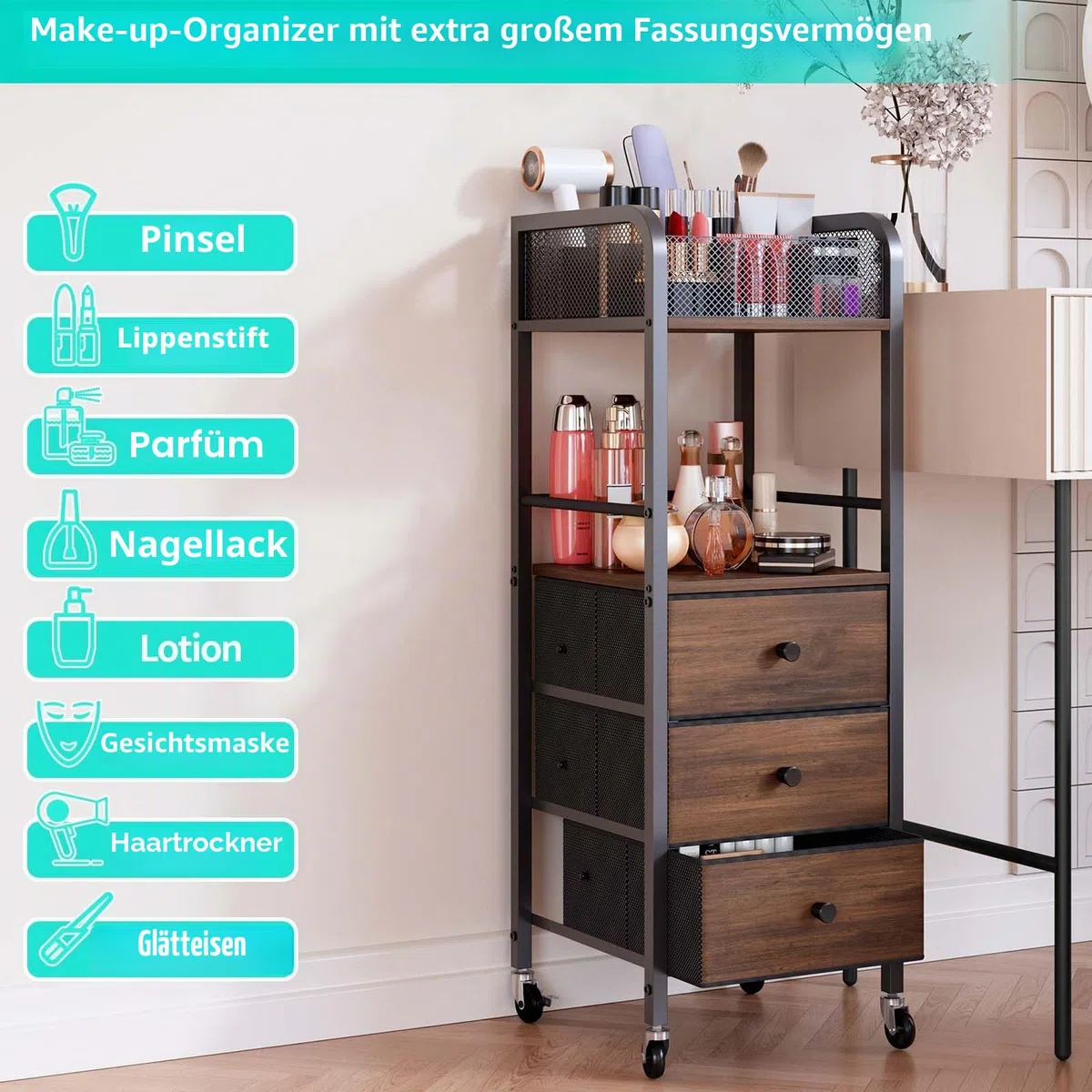 Kosmetik Rollwagen mit 3 Schubladen - Hautpflege Organizer für Kosmetikstudio, Parfüm, Nagellackbürste